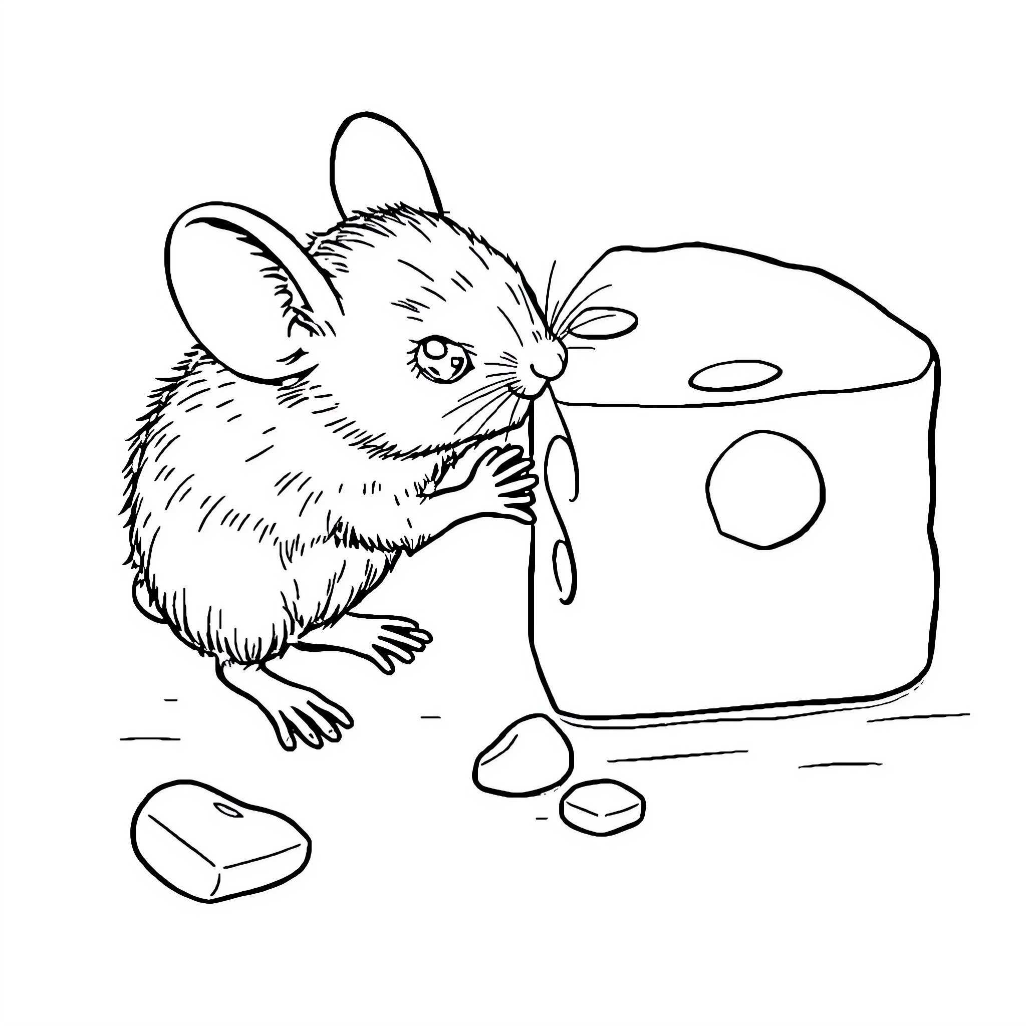 Mouse exploring a cheesy cube Coloring Page (free black-and-white line drawing printable PDF for all, from beginners to advanced learners, including children, teens, adults, and seniors)