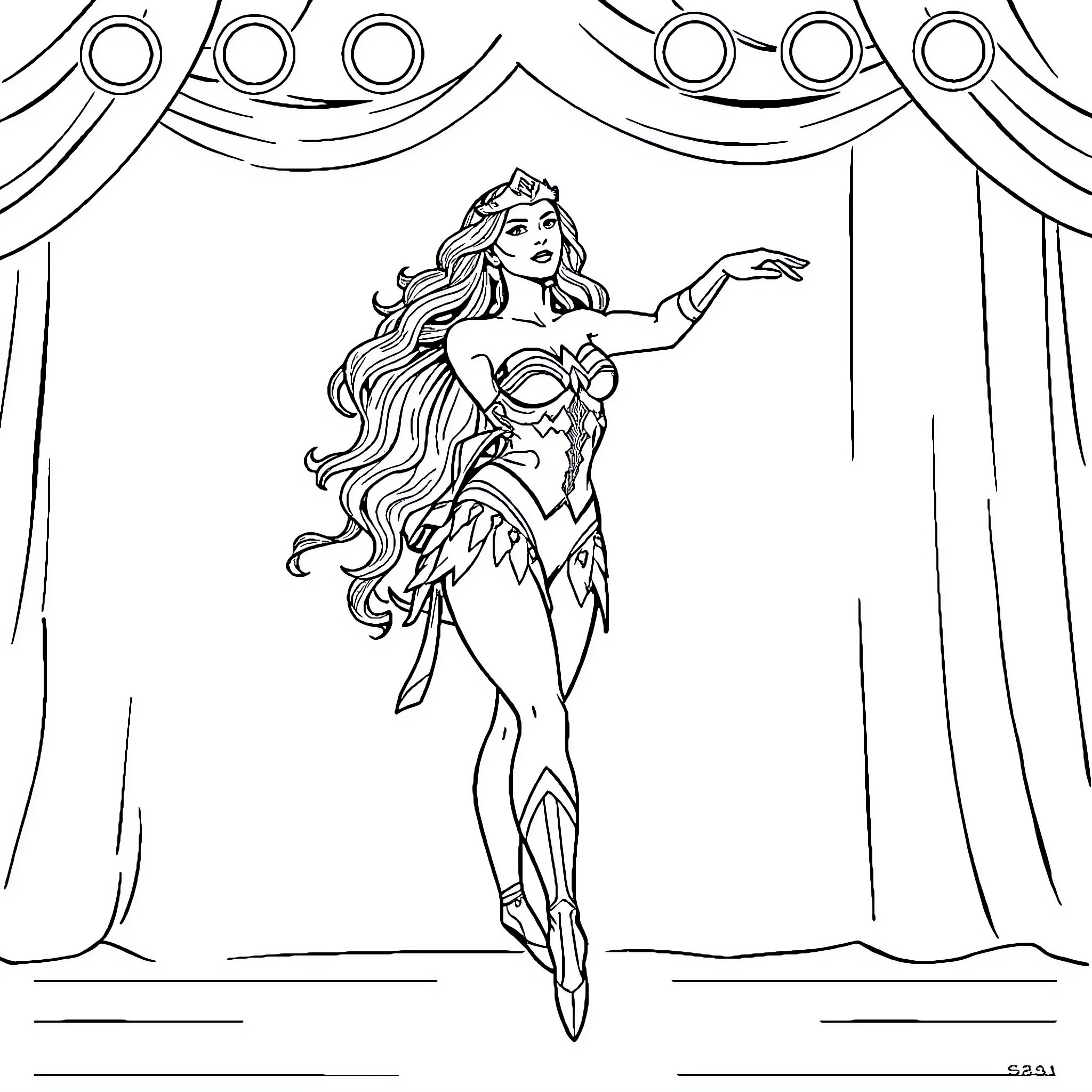 Wonder Woman striking a powerful pose on stage Coloring Page (free black-and-white line drawing printable PDF for all, from beginners to advanced learners, including children, teens, adults, and seniors)
