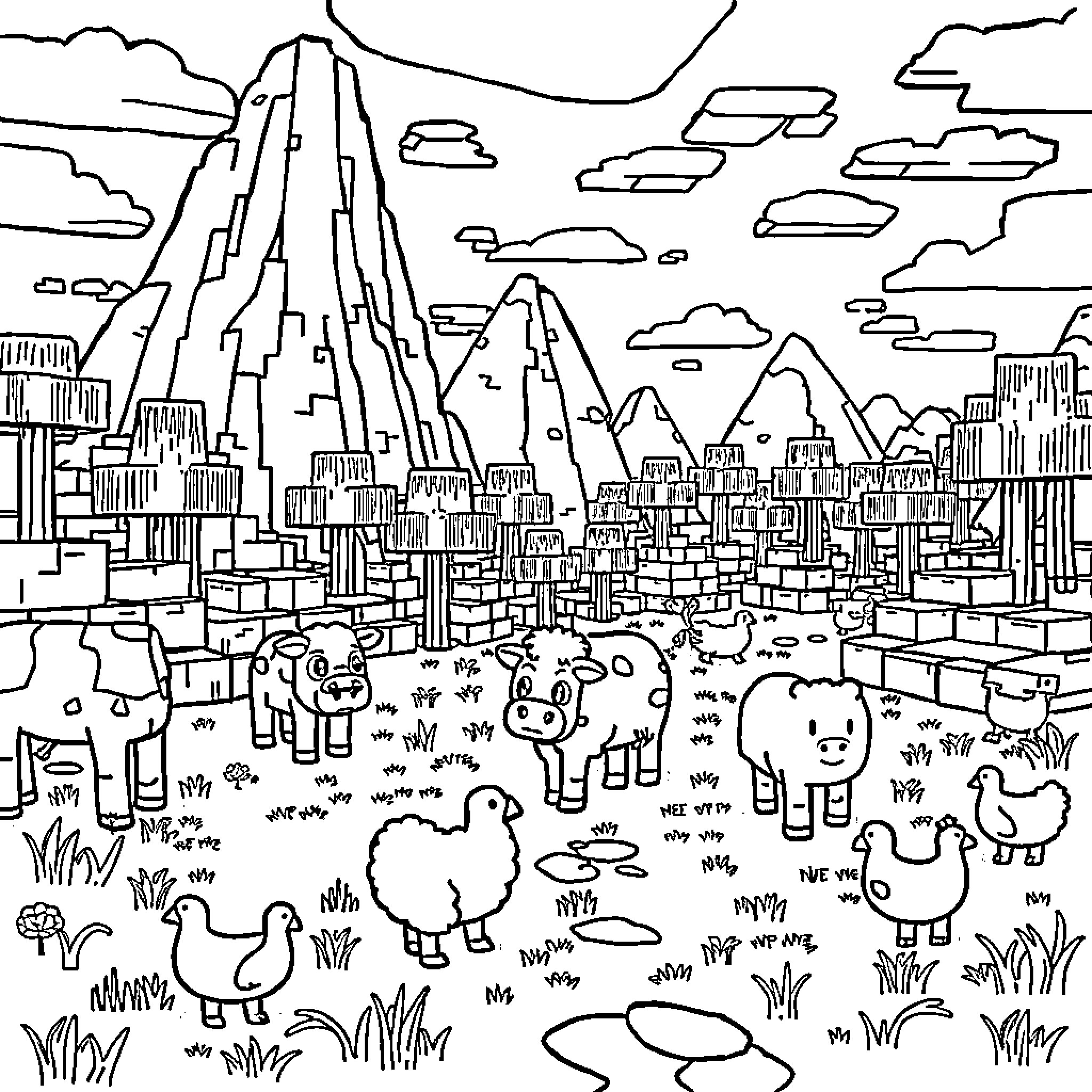 Minecraft Characters Exploring Mountainous Landscape Coloring Page (free black-and-white line drawing printable PDF for all, from beginners to advanced learners, including children, teens, adults, and seniors)