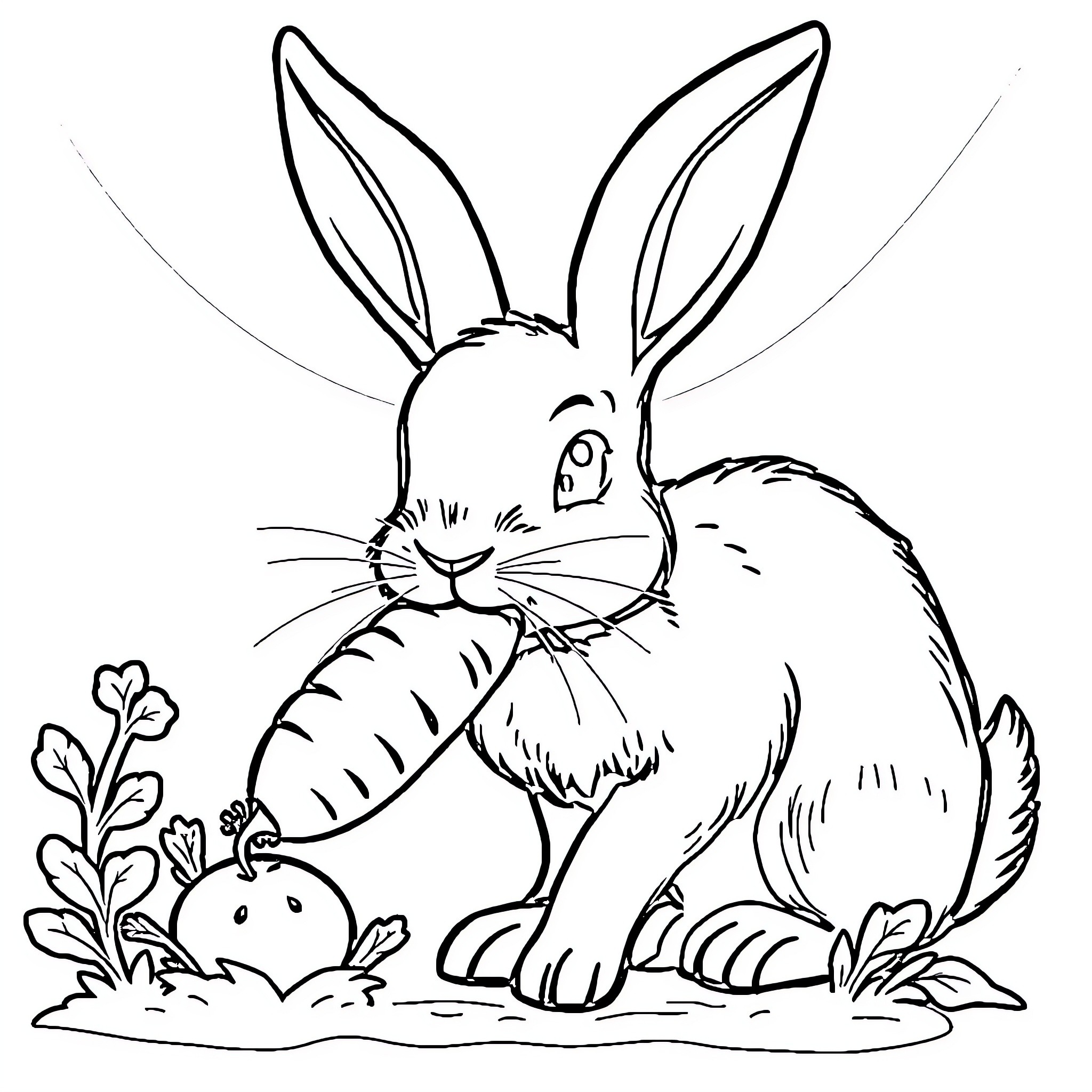 Rabbit with carrot enjoying nature Coloring Page (free black-and-white line drawing printable PDF for all, from beginners to advanced learners, including children, teens, adults, and seniors)