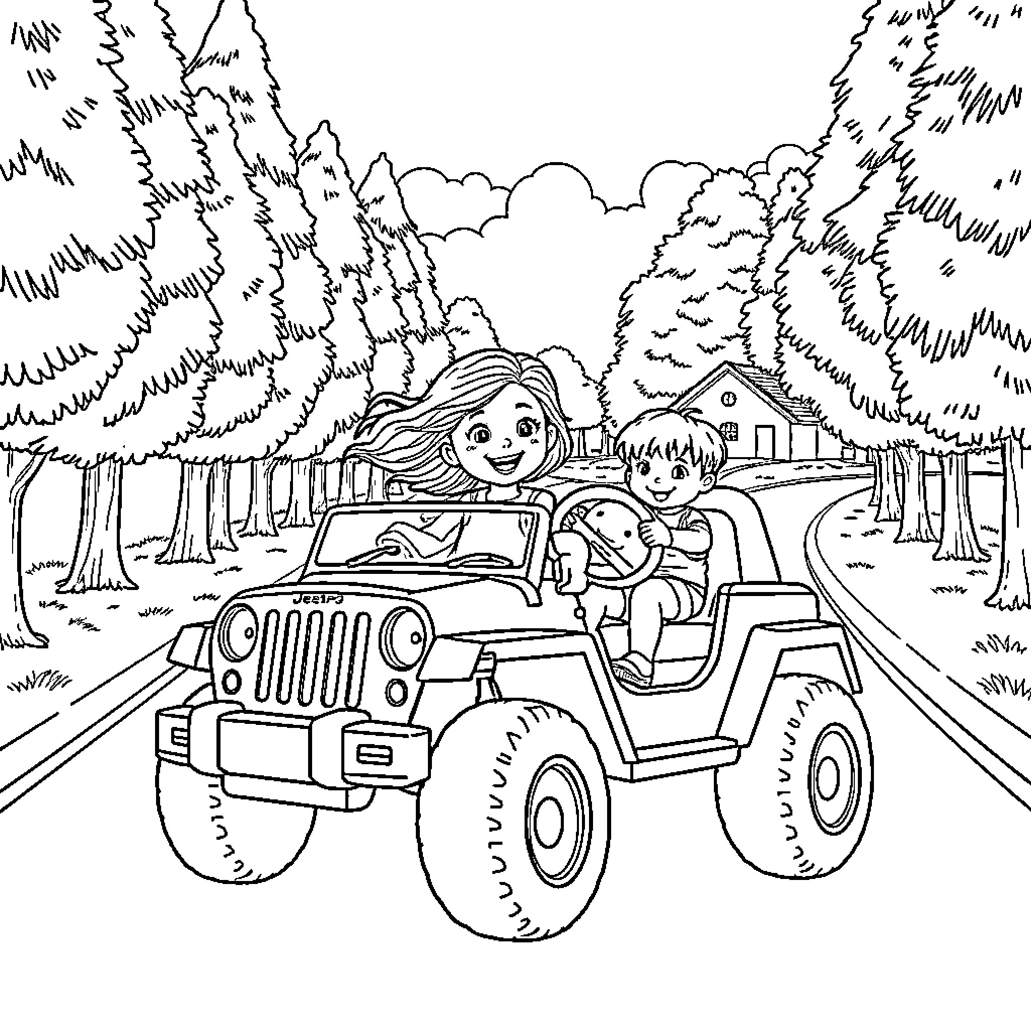Toddler driving jeep through forest Coloring Page (free black-and-white line drawing printable PDF for all, from beginners to advanced learners, including children, teens, adults, and seniors)