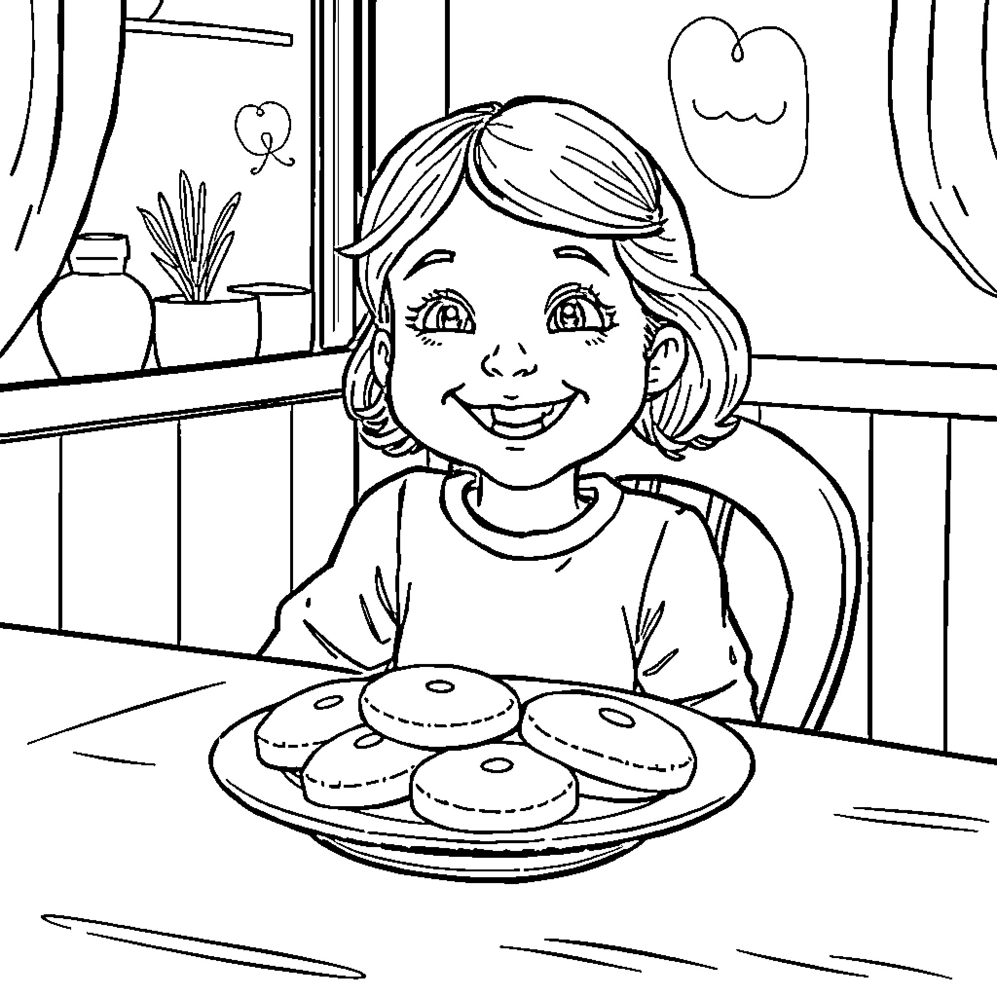Girl enjoying homemade cookies in the kitchen Coloring Page (free black-and-white line drawing printable PDF for all, from beginners to advanced learners, including children, teens, adults, and seniors)