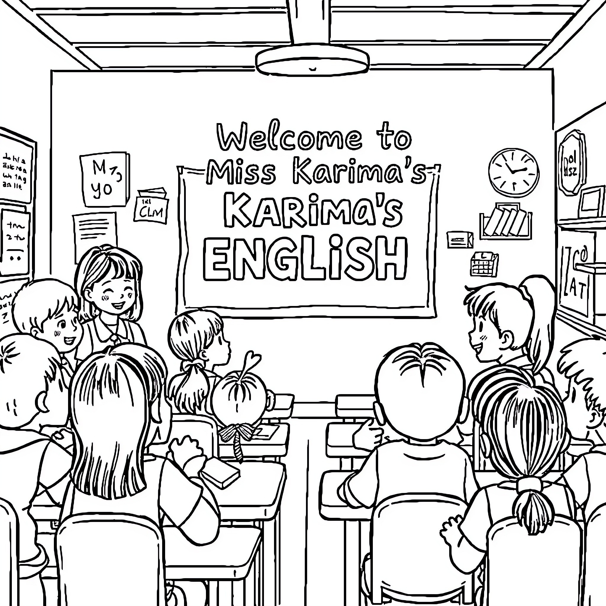 Kids learning English in the classroom Coloring Page (free black-and-white line drawing printable PDF for all, from beginners to advanced learners, including children, teens, adults, and seniors)