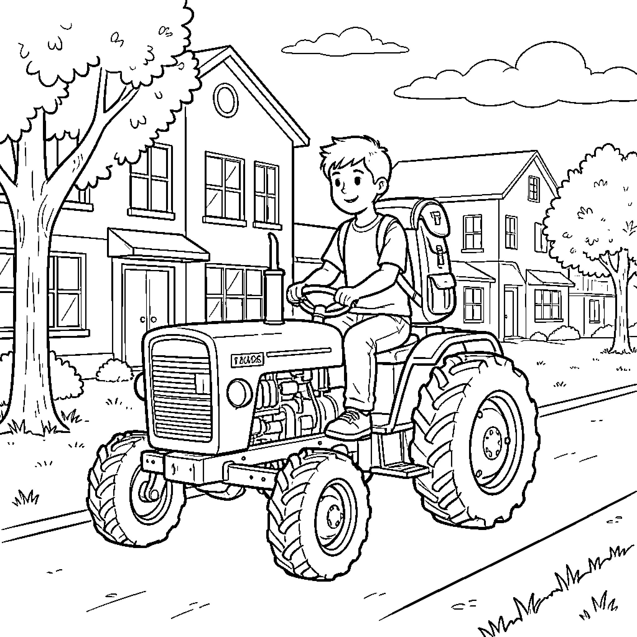 Tractor being driven by a young boy through town Coloring Page (free black-and-white line drawing printable PDF for all, from beginners to advanced learners, including children, teens, adults, and seniors)