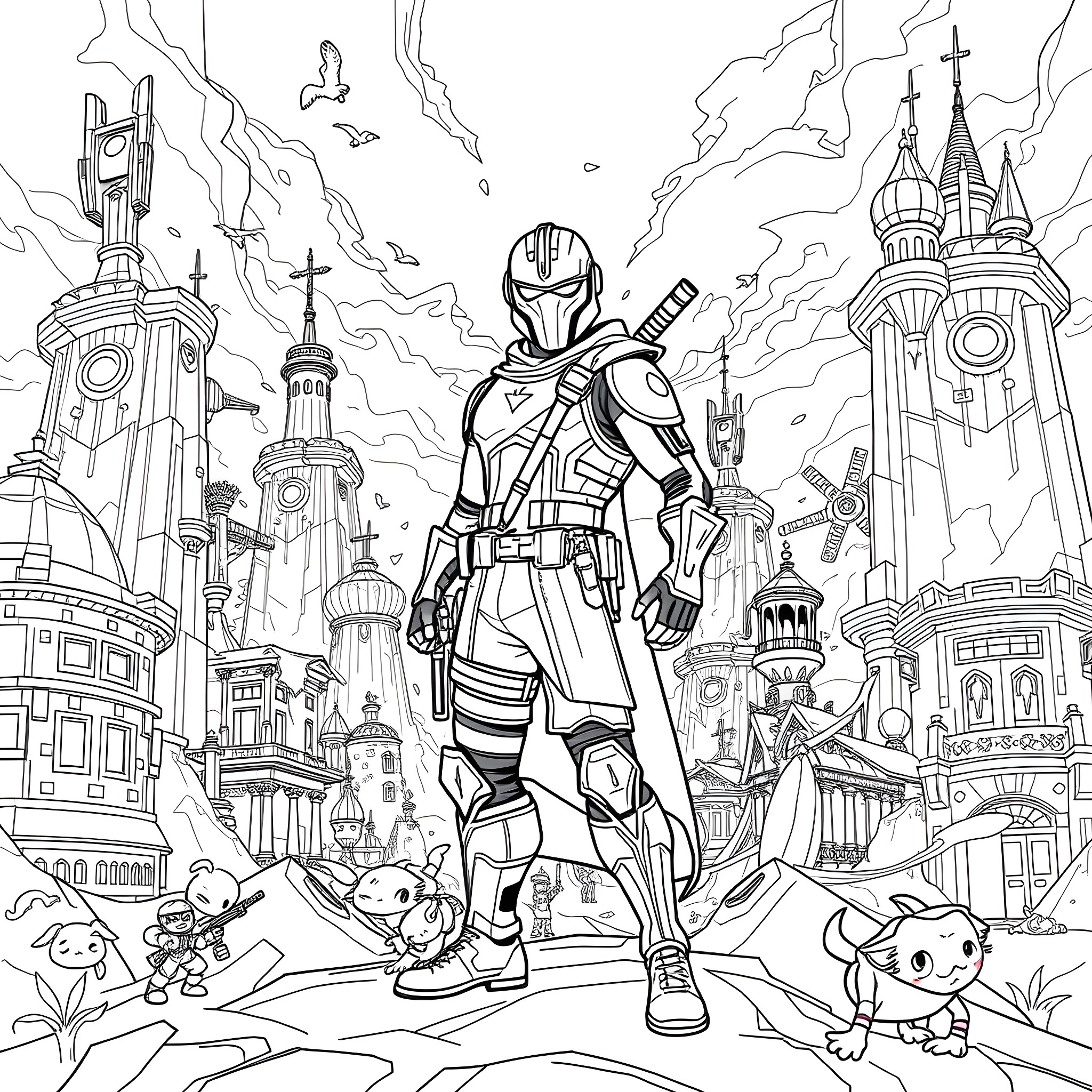 Captain Phasma stands tall in a futuristic city Coloring Page (free black-and-white line drawing printable PDF for all, from beginners to advanced learners, including children, teens, adults, and seniors)