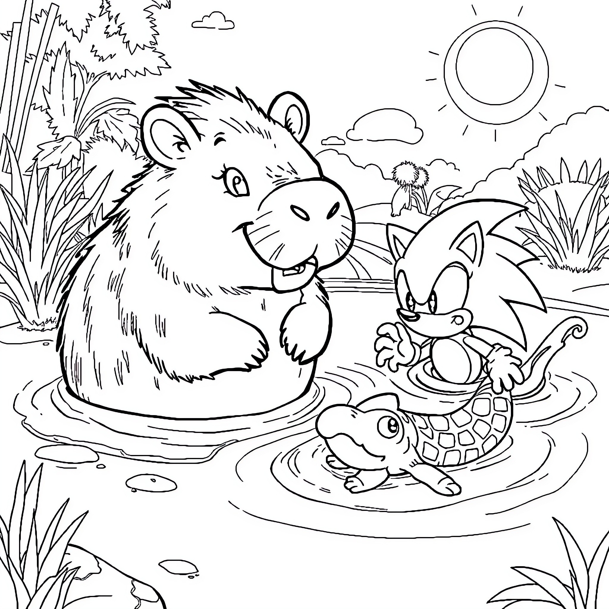 Capybara and friends enjoying a sunny day Coloring Page (free black-and-white line drawing printable PDF for all, from beginners to advanced learners, including children, teens, adults, and seniors)