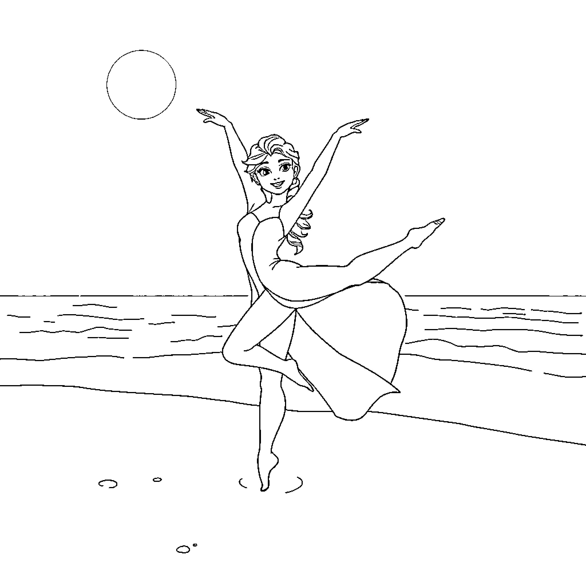 Elsa gracefully dancing on the shore Coloring Page (free black-and-white line drawing printable PDF for all, from beginners to advanced learners, including children, teens, adults, and seniors)