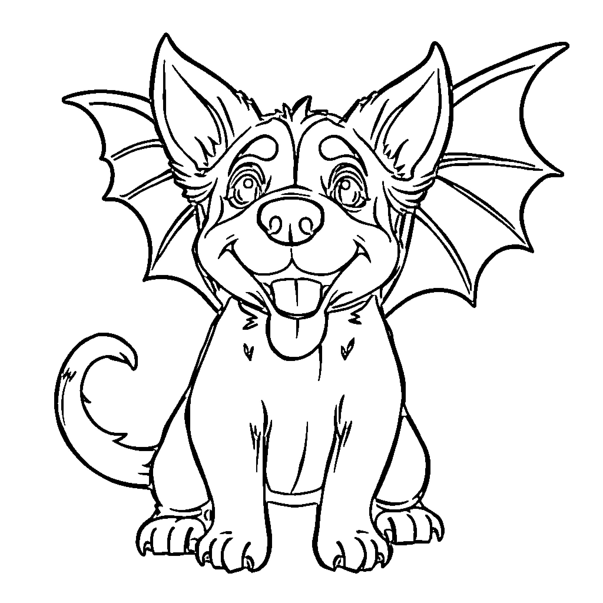 Dog with playful bat wings Coloring Page (free black-and-white line drawing printable PDF for all, from beginners to advanced learners, including children, teens, adults, and seniors)