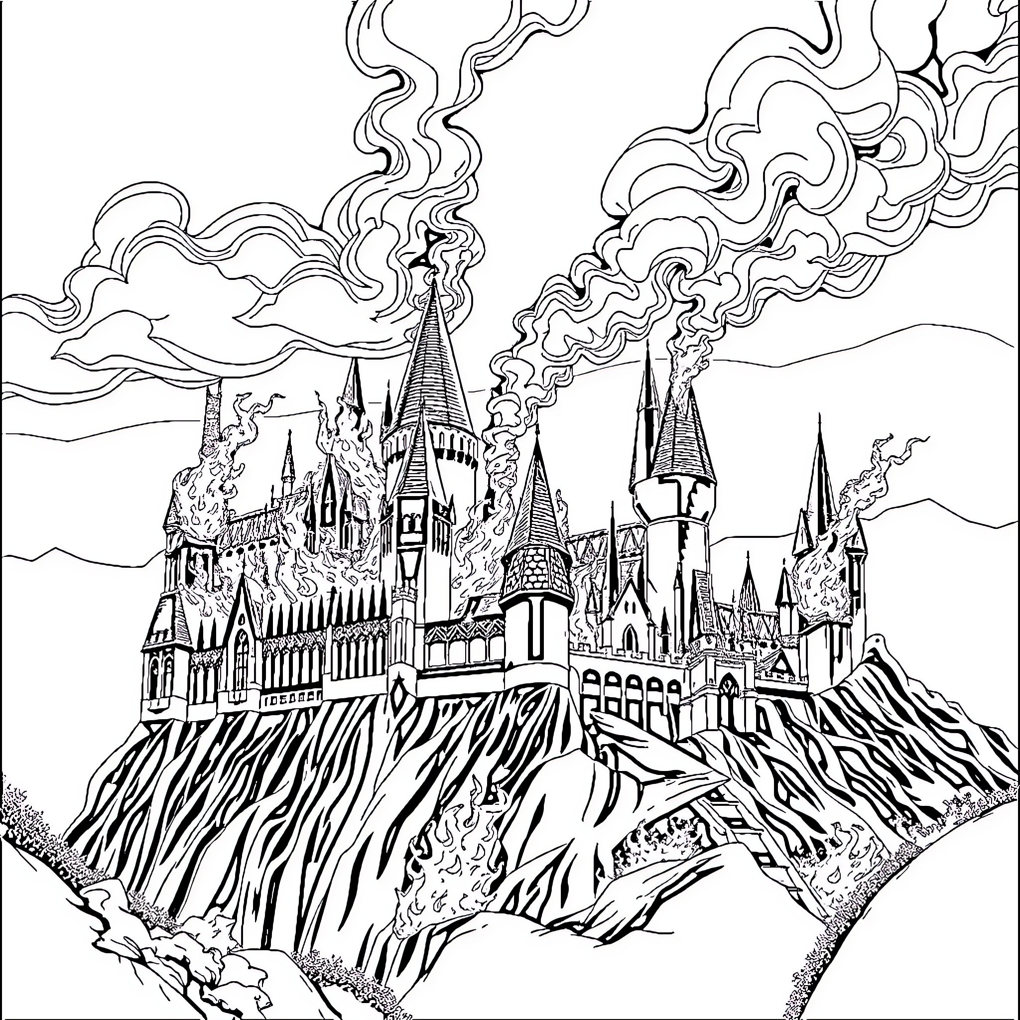 Hogwarts Castle's Majestic Towers and Spires Coloring Page (free black-and-white line drawing printable PDF for all, from beginners to advanced learners, including children, teens, adults, and seniors)