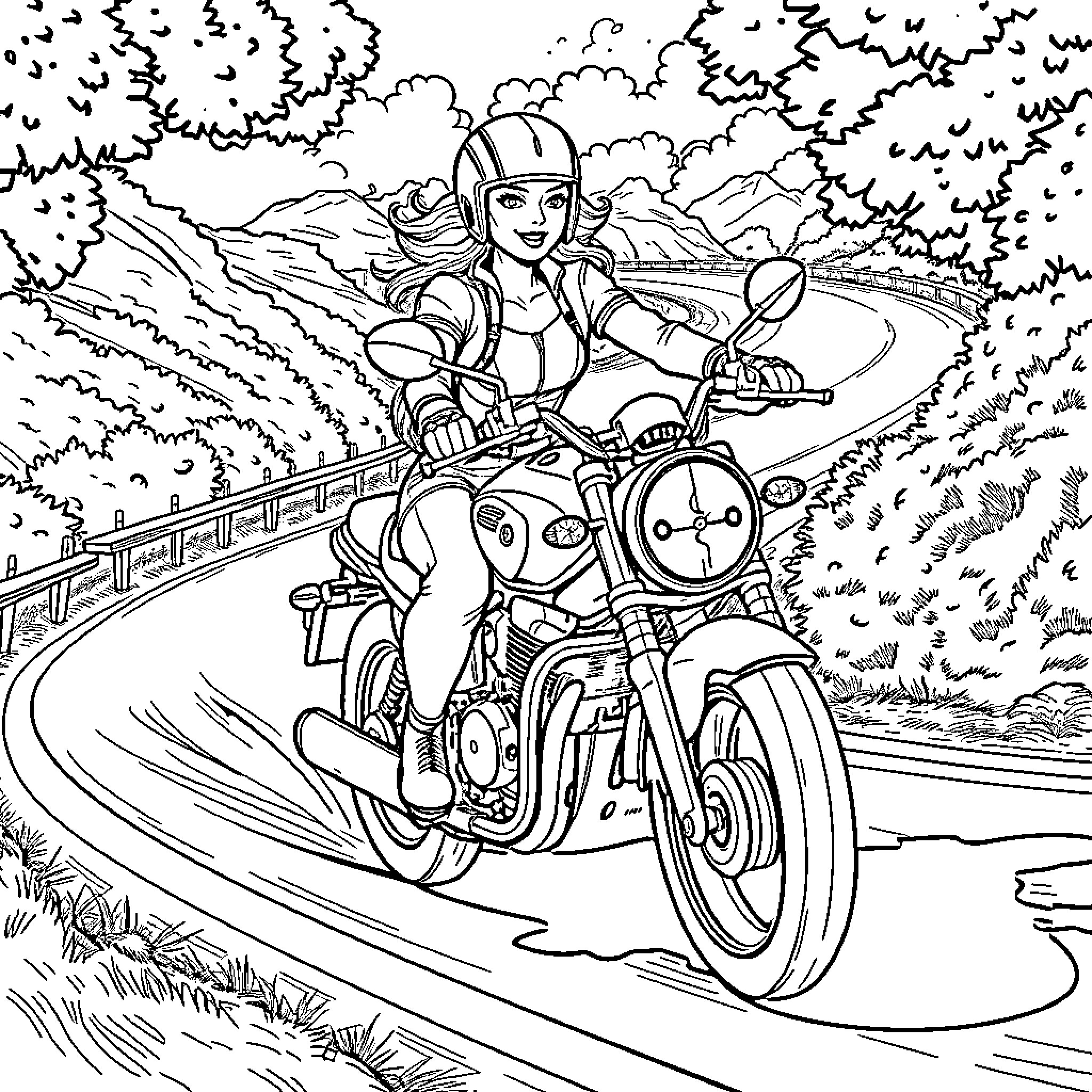 Motorcycle rider on a winding mountain road Coloring Page (free black-and-white line drawing printable PDF for all, from beginners to advanced learners, including children, teens, adults, and seniors)