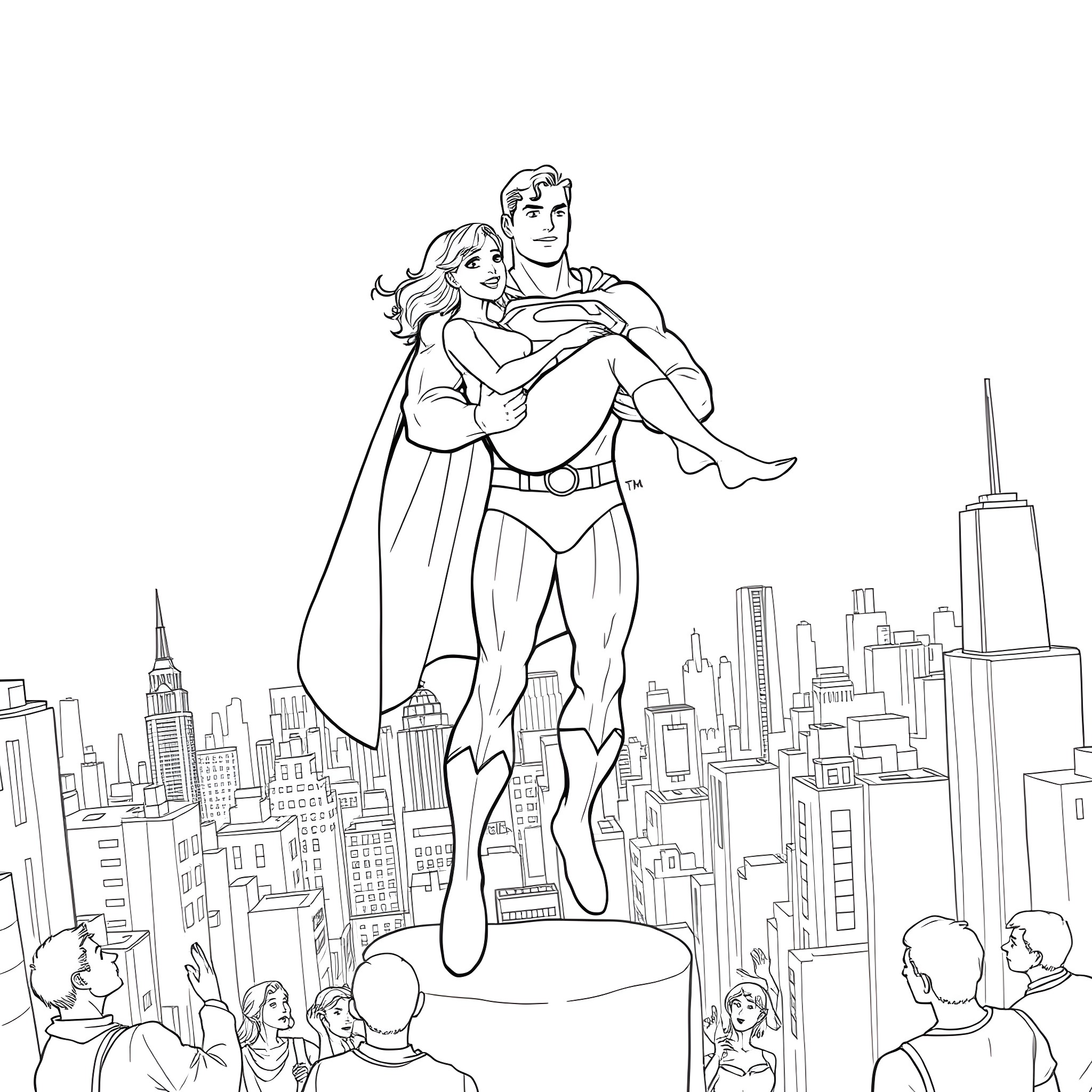 Superman heroically rescuing a woman in the city Coloring Page (free black-and-white line drawing printable PDF for all, from beginners to advanced learners, including children, teens, adults, and seniors)