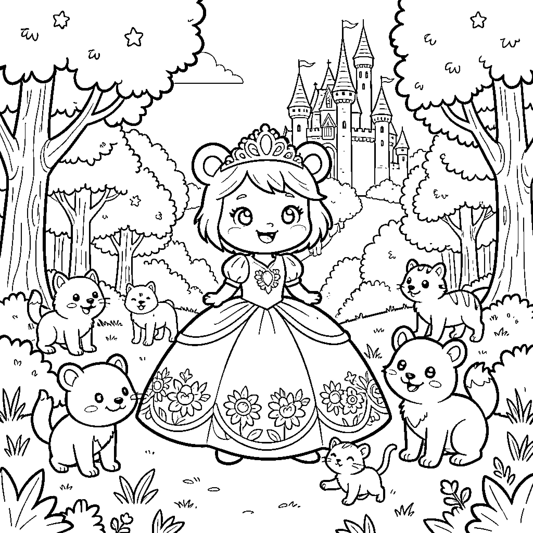 Labubu princess wearing a crown surrounded by forest animals Coloring Page (free black-and-white line drawing printable PDF for all, from beginners to advanced learners, including children, teens, adults, and seniors)