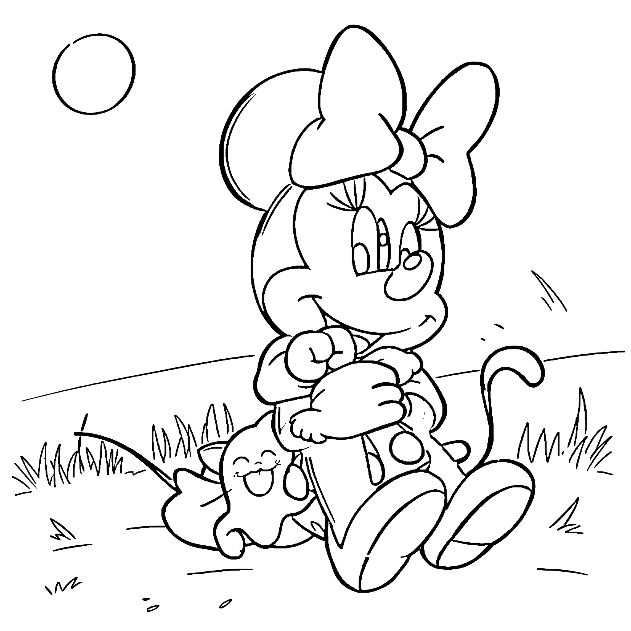 Minnie's Playful Adventure in the Meadow Coloring Page (free black-and-white line drawing printable PDF for all, from beginners to advanced learners, including children, teens, adults, and seniors)