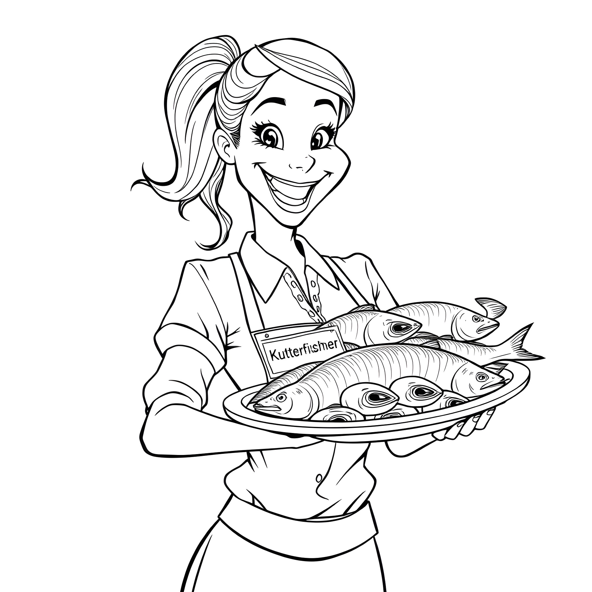 Waitress serving seafood platter with a smile Coloring Page (free black-and-white line drawing printable PDF for all, from beginners to advanced learners, including children, teens, adults, and seniors)