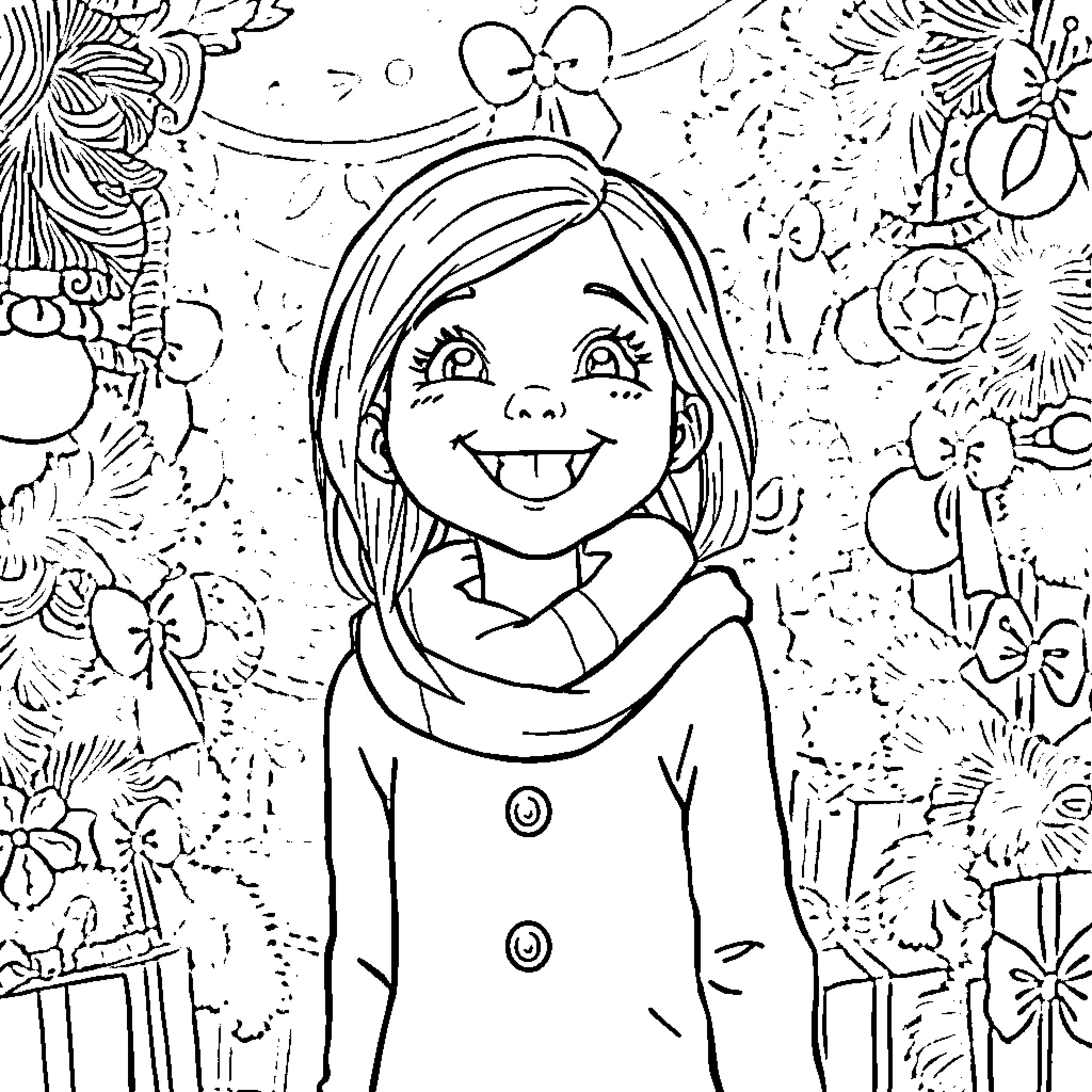 Girl smiling happily in a floral environment Coloring Page (free black-and-white line drawing printable PDF for all, from beginners to advanced learners, including children, teens, adults, and seniors)