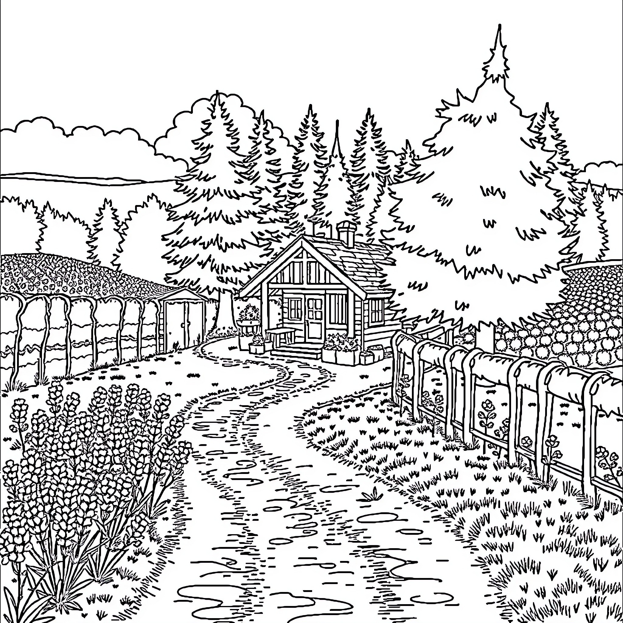 Cabanon in the enchanting forest landscape Coloring Page (free black-and-white line drawing printable PDF for all, from beginners to advanced learners, including children, teens, adults, and seniors)