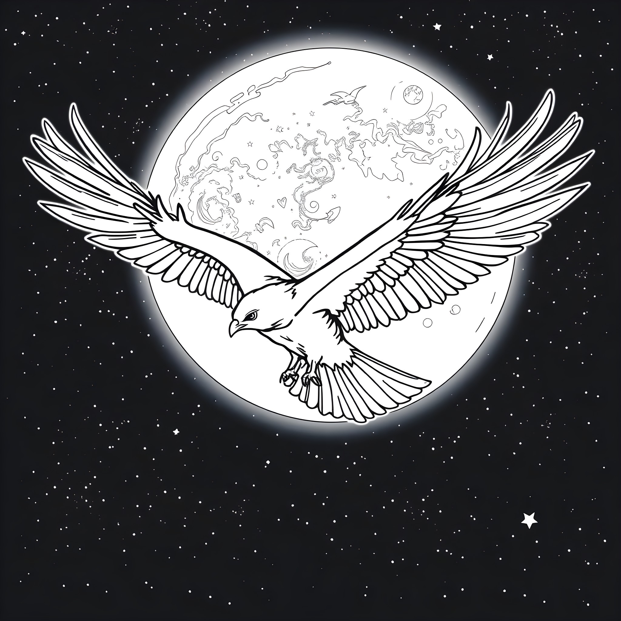 Thunderbird soaring through the starry night sky Coloring Page (free black-and-white line drawing printable PDF for all, from beginners to advanced learners, including children, teens, adults, and seniors)