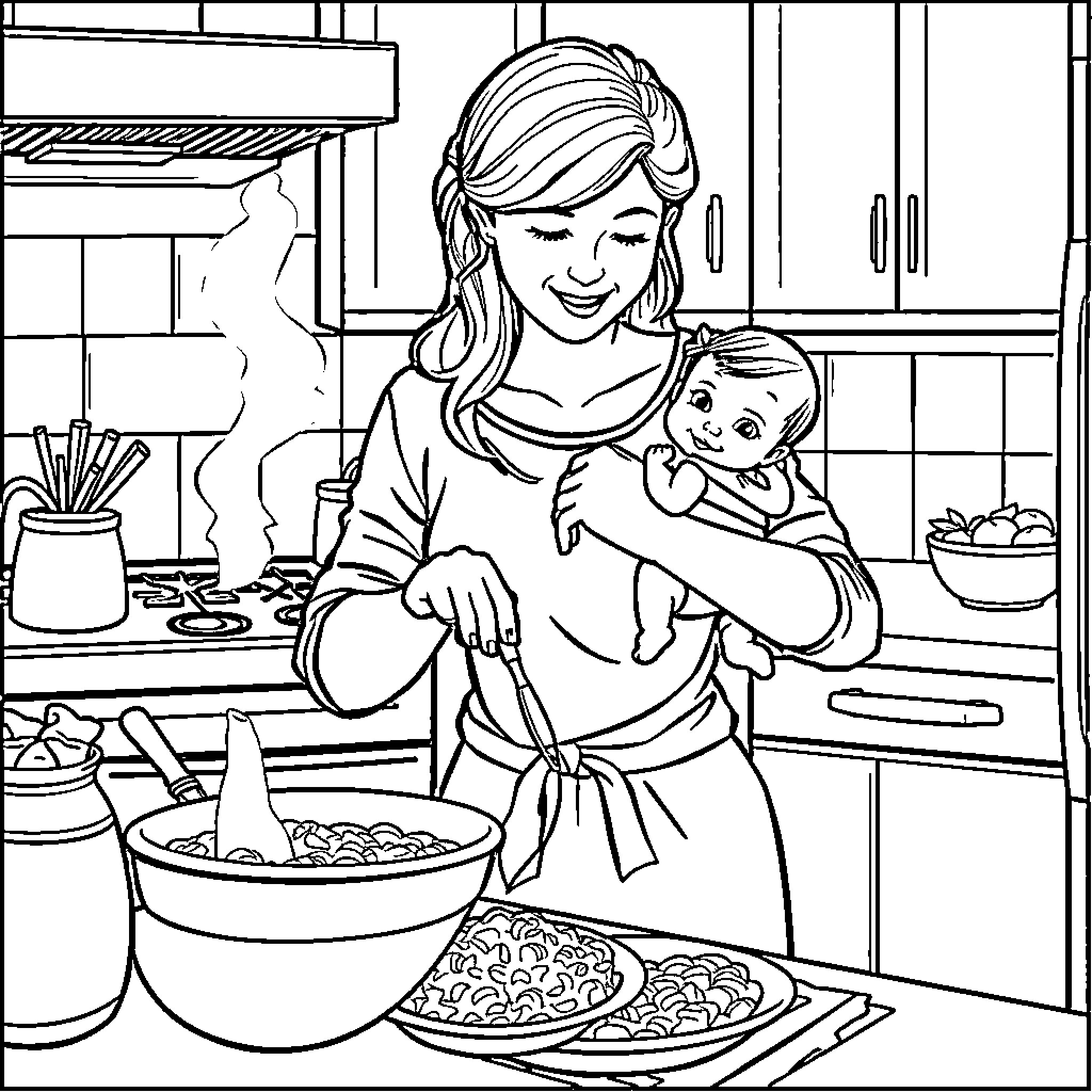 Mom Cooking a Meal for Her Baby in the Kitchen Coloring Page (free black-and-white line drawing printable PDF for all, from beginners to advanced learners, including children, teens, adults, and seniors)