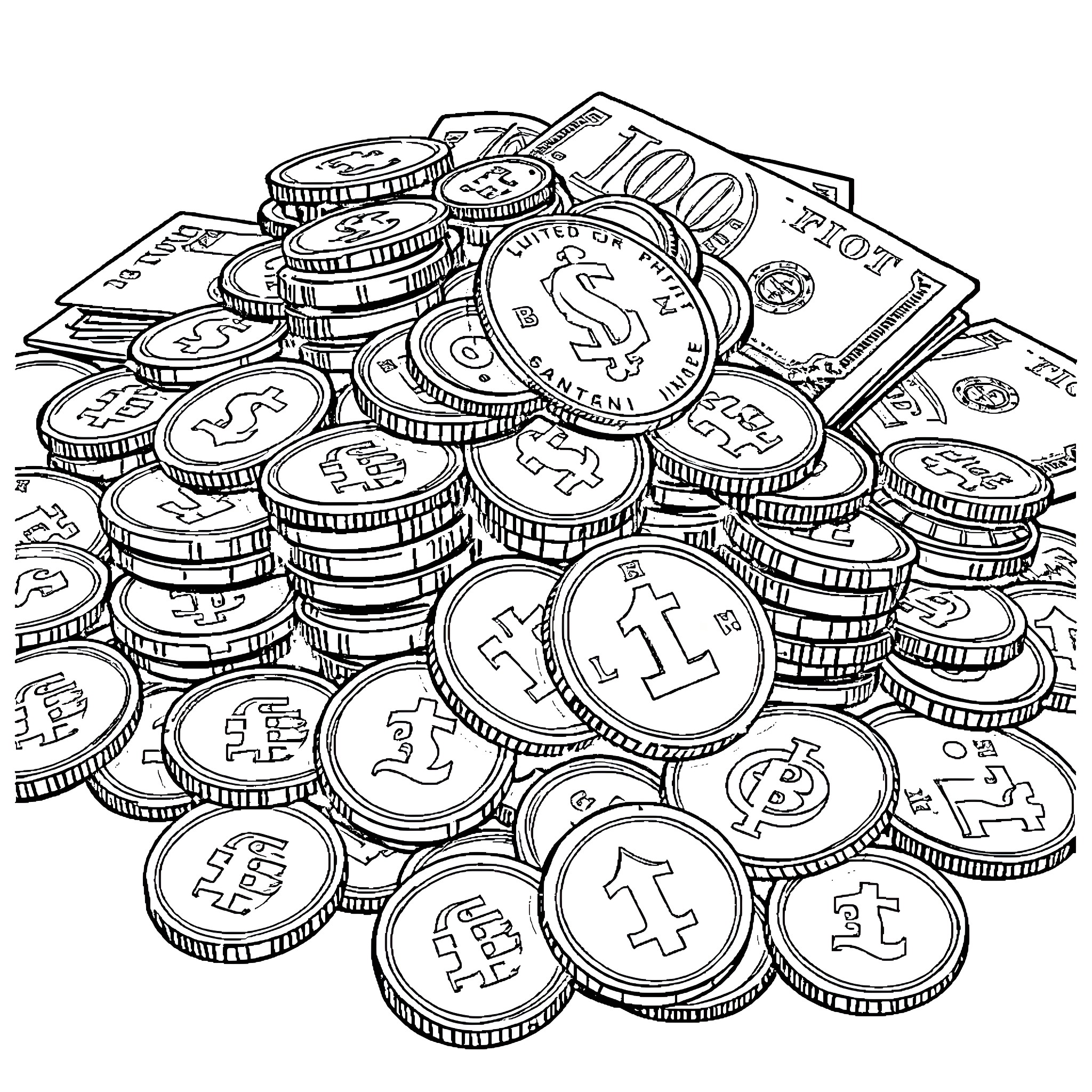 Money Coins and Currency Pile Coloring Page (free black-and-white line drawing printable PDF for all, from beginners to advanced learners, including children, teens, adults, and seniors)