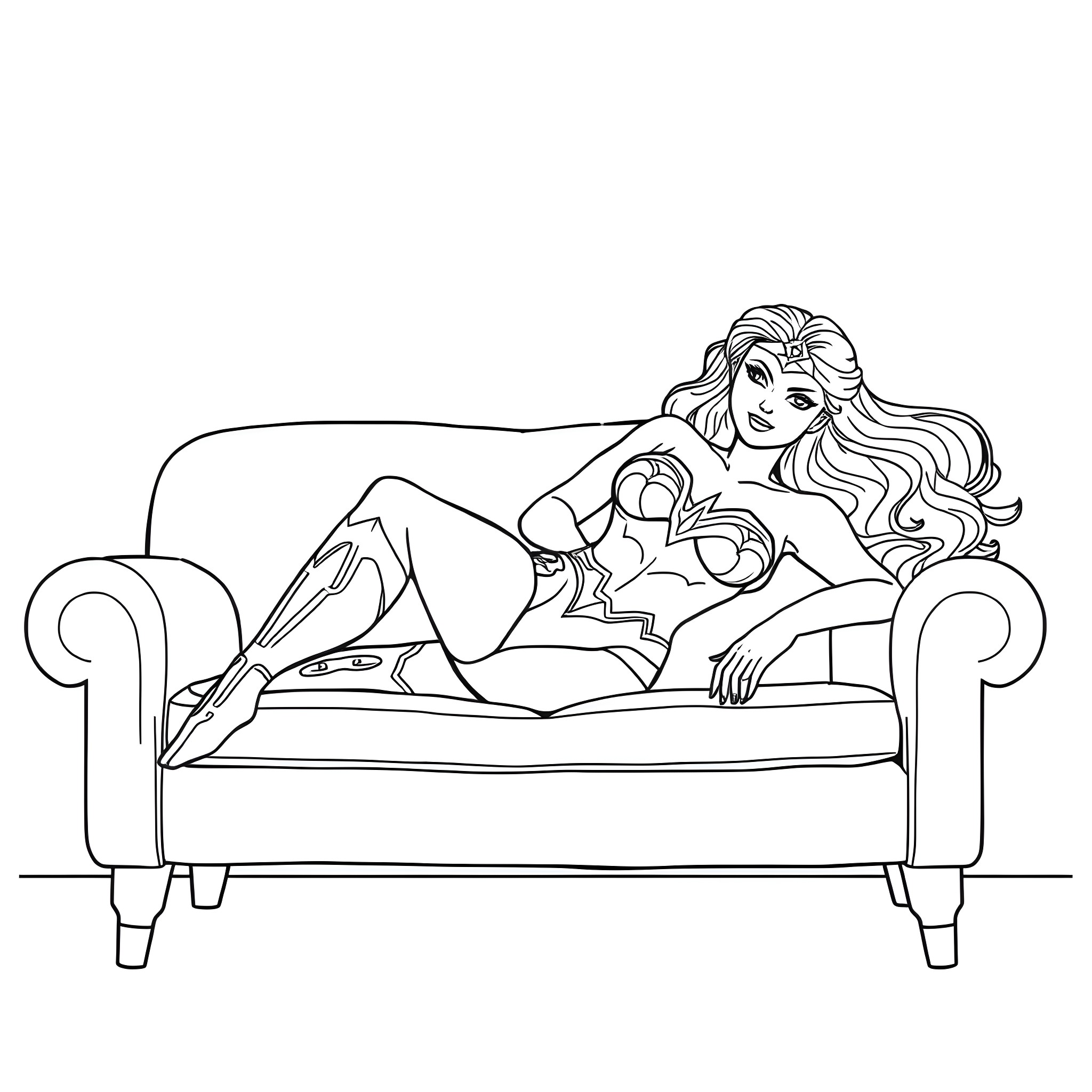 Wonder Woman relaxing on the couch Coloring Page (free black-and-white line drawing printable PDF for all, from beginners to advanced learners, including children, teens, adults, and seniors)
