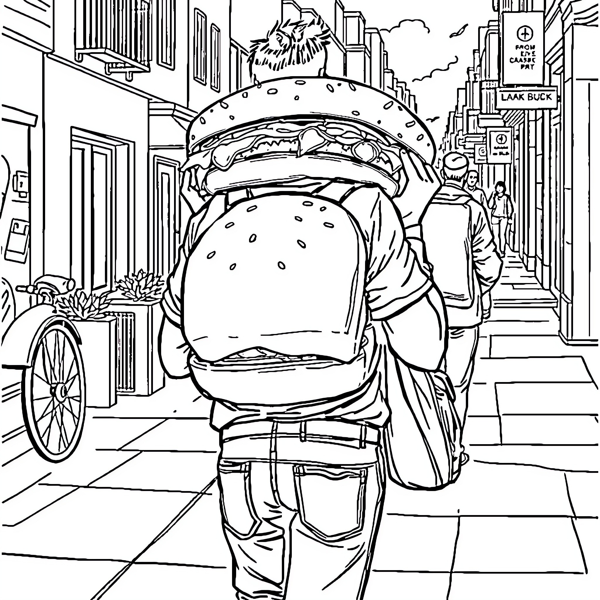 Man carrying a giant hamburger in the city Coloring Page (free black-and-white line drawing printable PDF for all, from beginners to advanced learners, including children, teens, adults, and seniors)