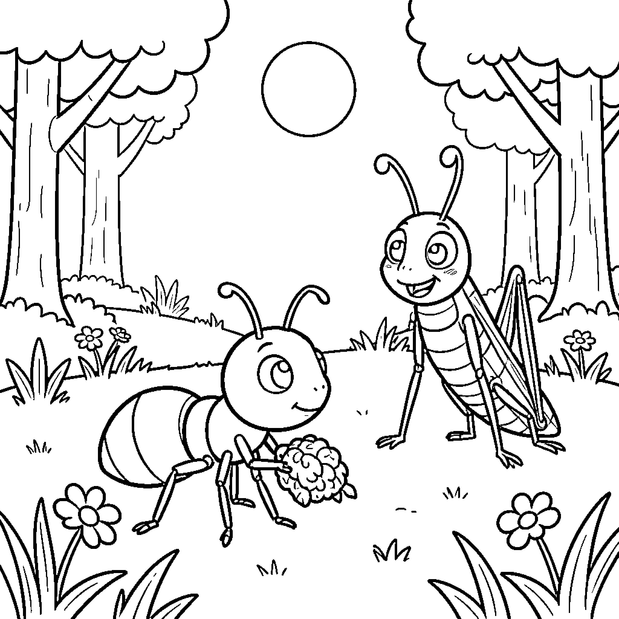 Ant friends exploring the forest Coloring Page (free black-and-white line drawing printable PDF for all, from beginners to advanced learners, including children, teens, adults, and seniors)