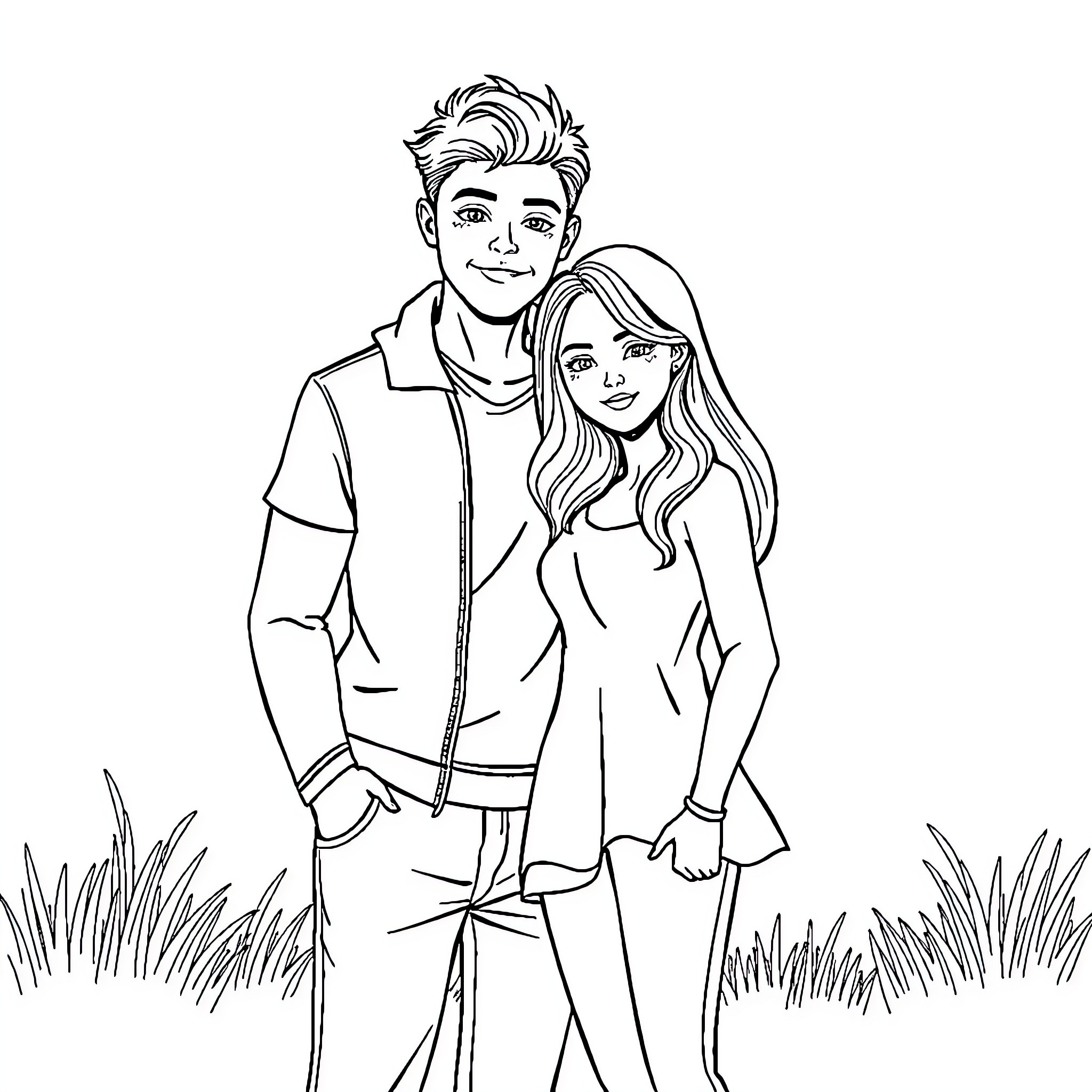 Homme et Femme standing together in nature Coloring Page (free black-and-white line drawing printable PDF for all, from beginners to advanced learners, including children, teens, adults, and seniors)