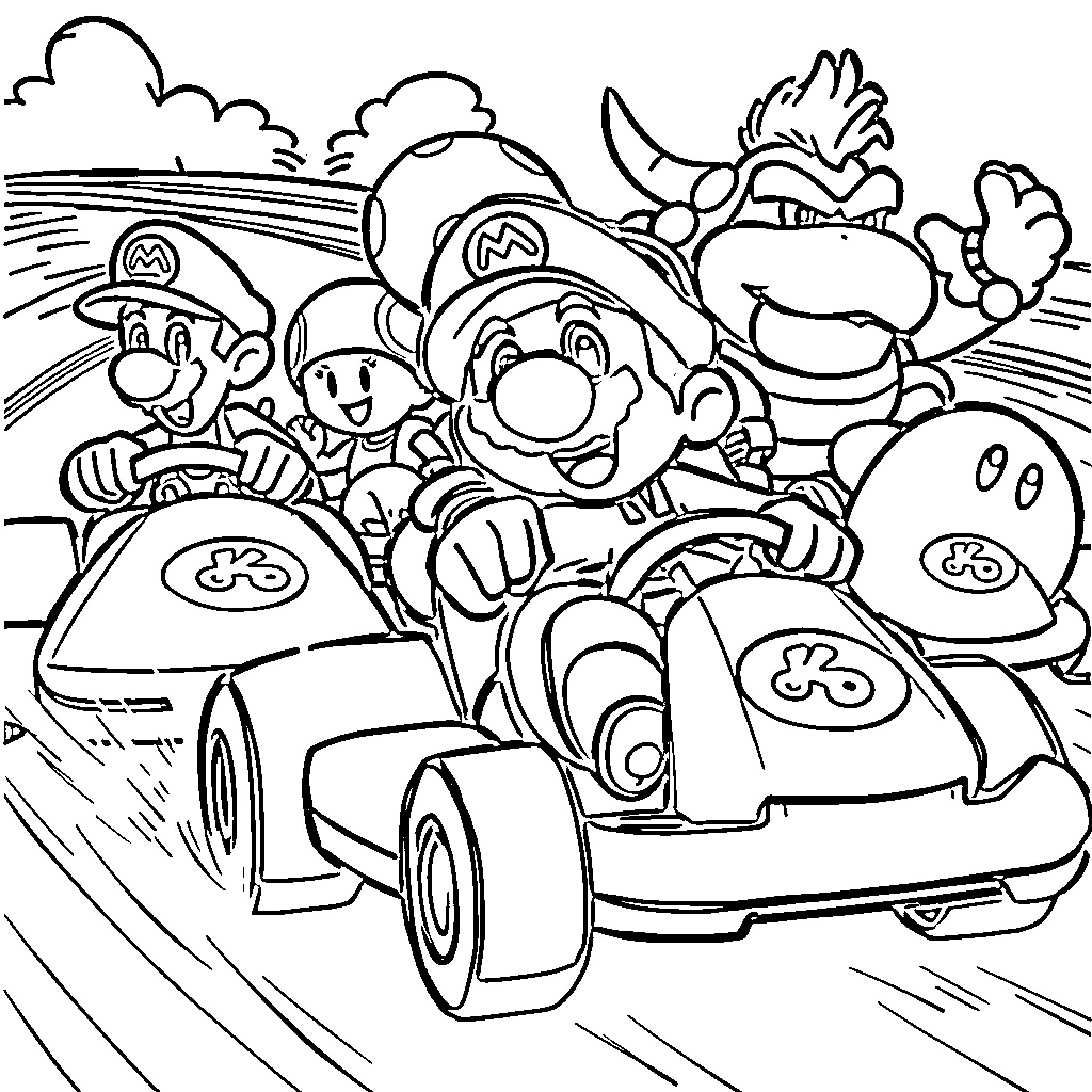 Mario and friends go on an exciting kart race Coloring Page (free black-and-white line drawing printable PDF for all, from beginners to advanced learners, including children, teens, adults, and seniors)