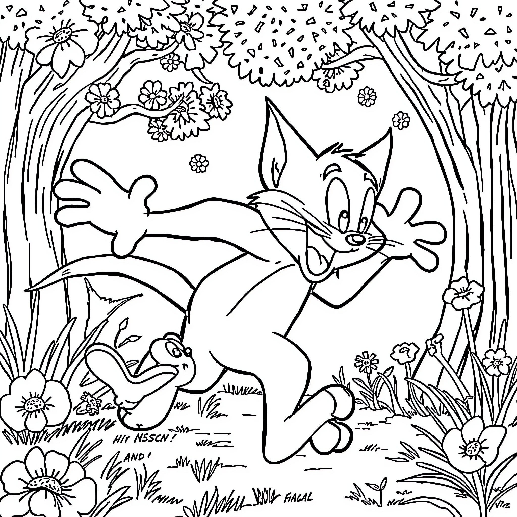 Tom and Jerry's Floral Adventure Coloring Page (free black-and-white line drawing printable PDF for all, from beginners to advanced learners, including children, teens, adults, and seniors)