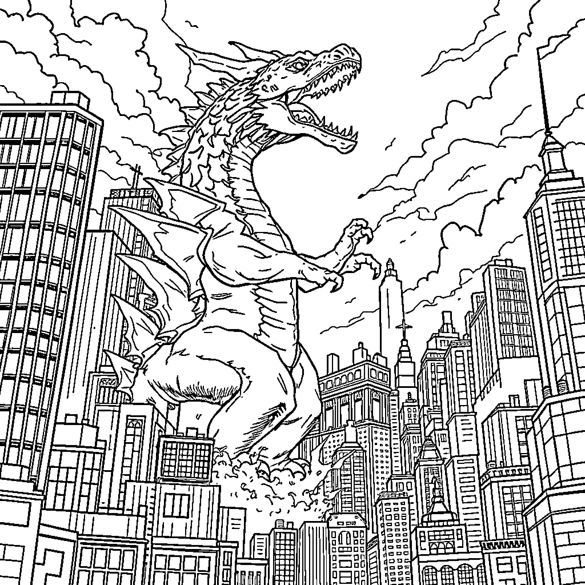 Dragon Rampaging through a Bustling City Skyline Coloring Page (free black-and-white line drawing printable PDF for all, from beginners to advanced learners, including children, teens, adults, and seniors)