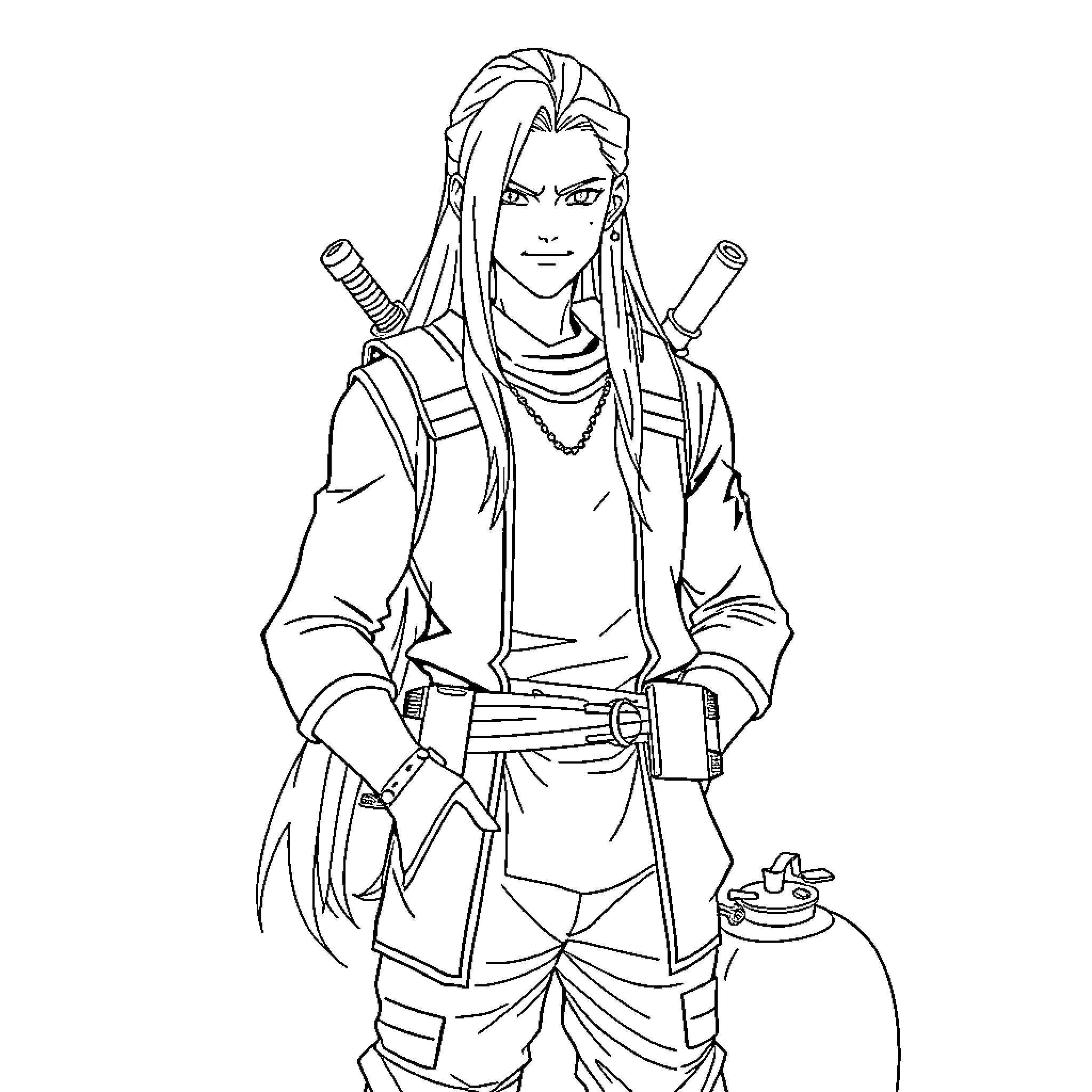 Deidara with ninja gear and focused expression Coloring Page (free black-and-white line drawing printable PDF for all, from beginners to advanced learners, including children, teens, adults, and seniors)