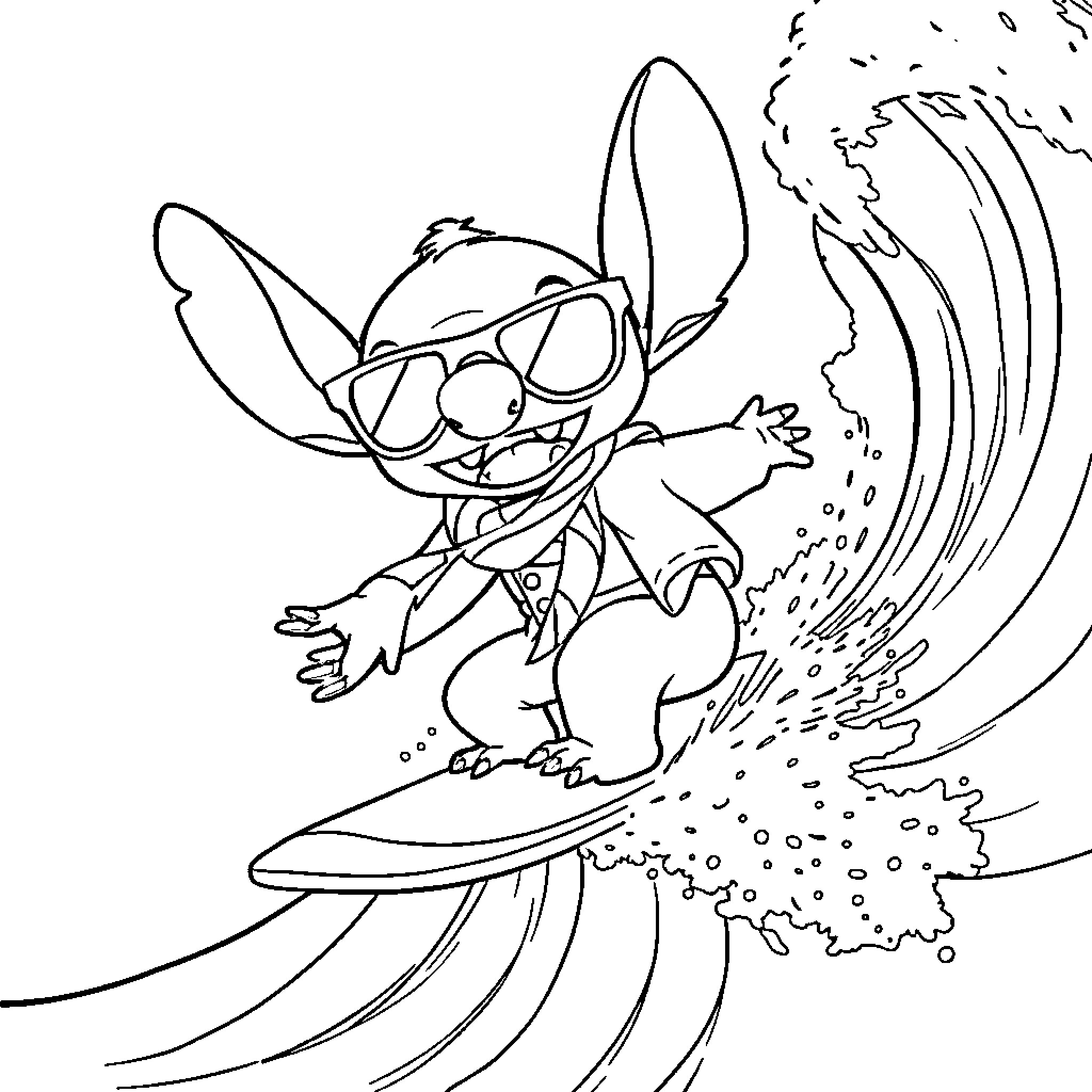 Stitch surfs through a wave of adventure Coloring Page (free black-and-white line drawing printable PDF for all, from beginners to advanced learners, including children, teens, adults, and seniors)
