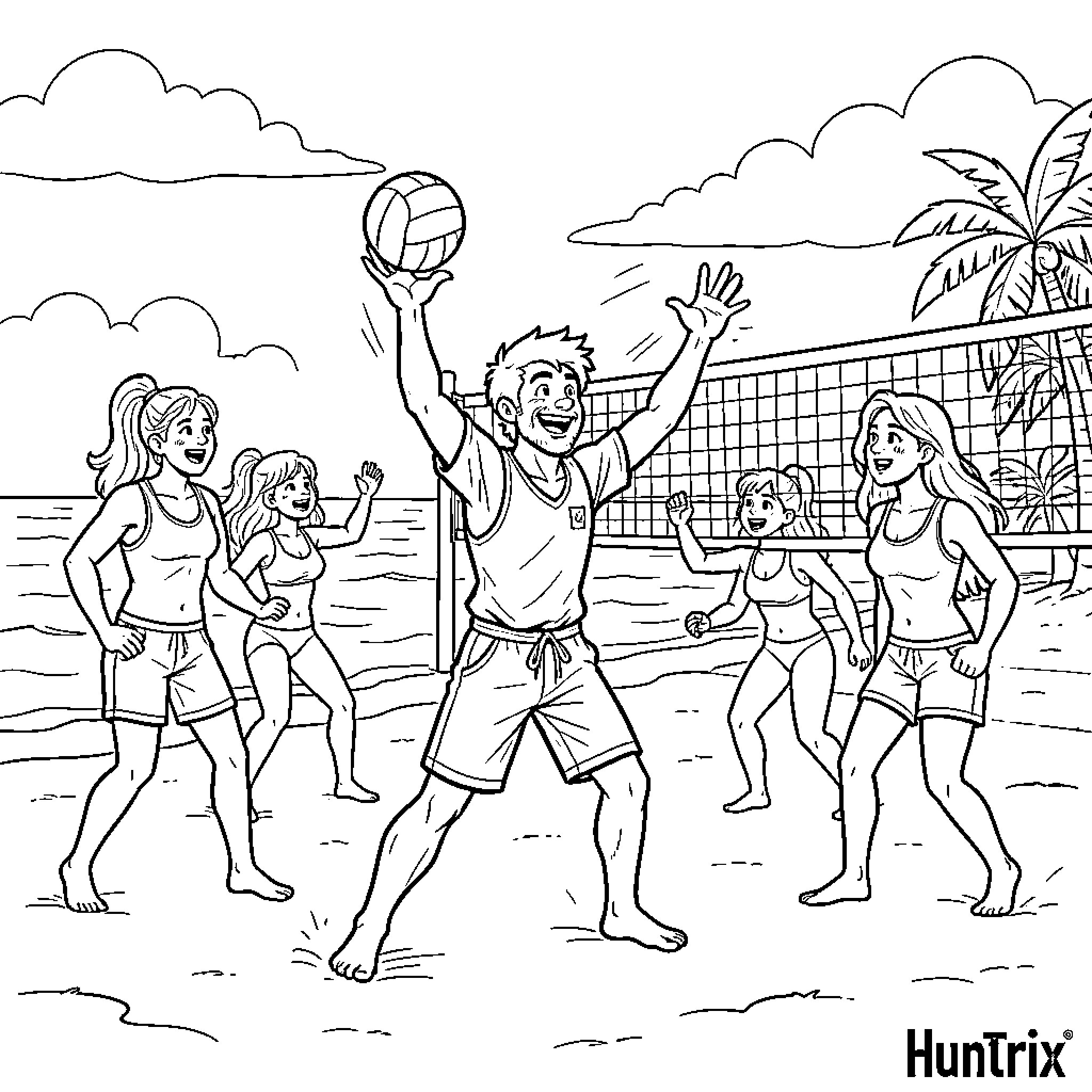 Huntrix group of people playing beach volleyball together Coloring Page (free black-and-white line drawing printable PDF for all, from beginners to advanced learners, including children, teens, adults, and seniors)