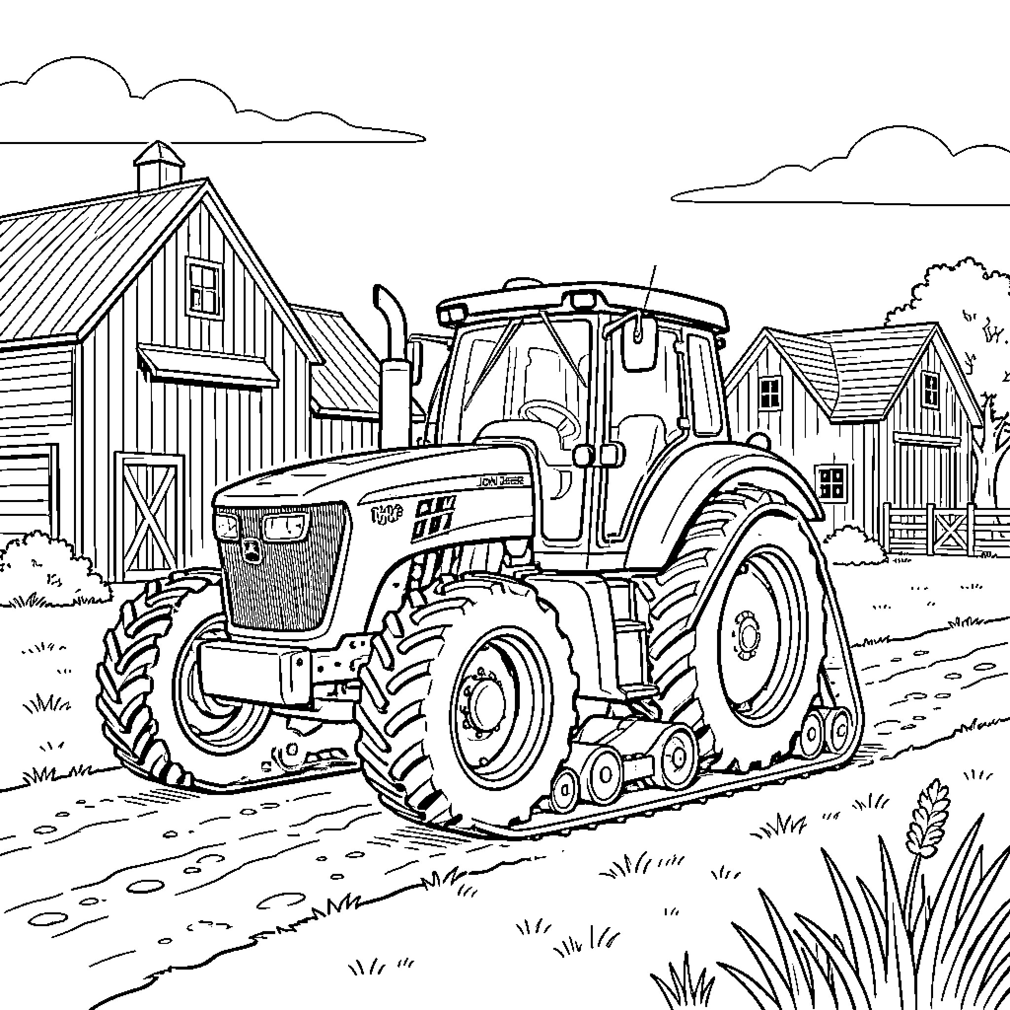Tractor driving along a path near farm buildings Coloring Page (free black-and-white line drawing printable PDF for all, from beginners to advanced learners, including children, teens, adults, and seniors)
