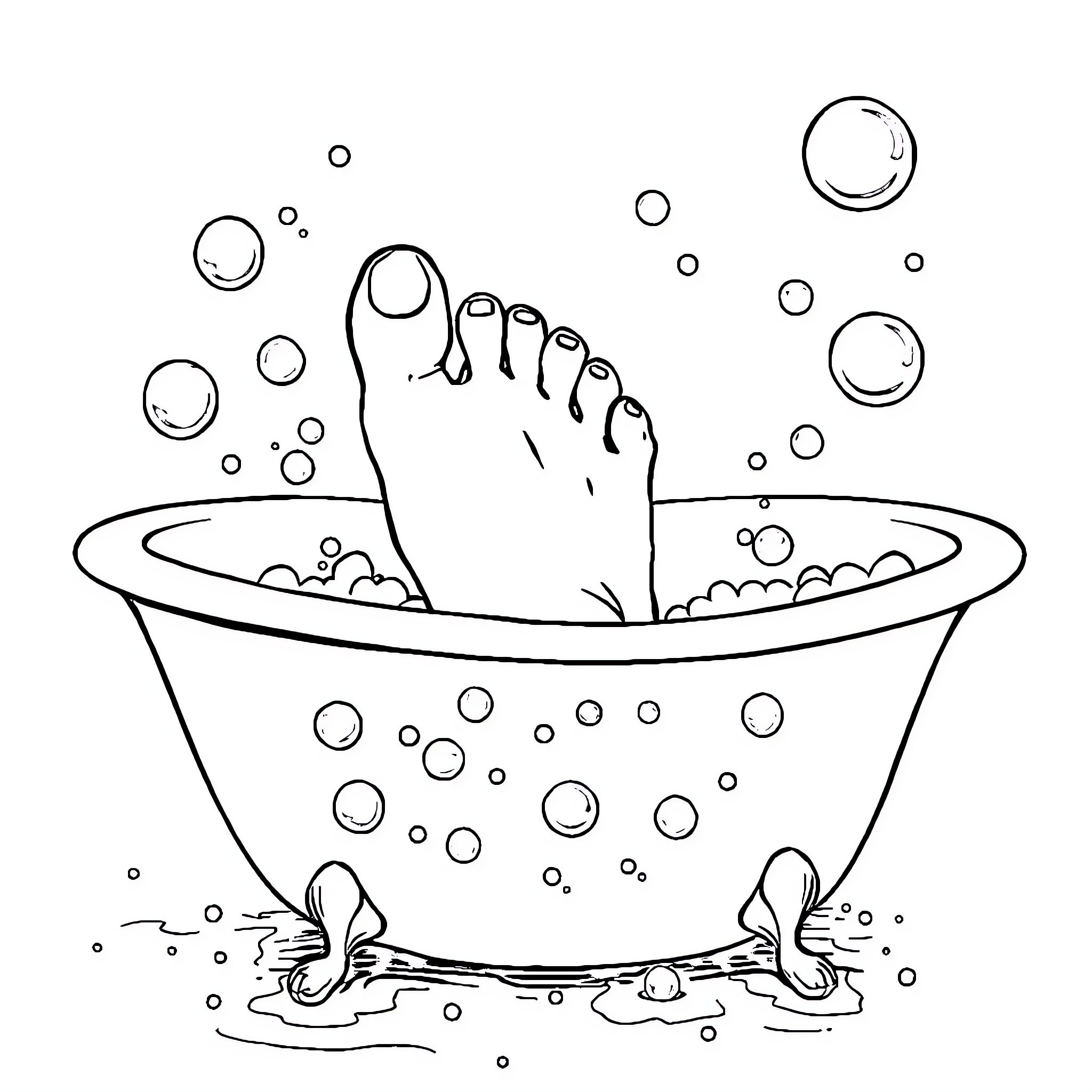 Bigfoot soaking feet in a bubbly bath Coloring Page (free black-and-white line drawing printable PDF for all, from beginners to advanced learners, including children, teens, adults, and seniors)