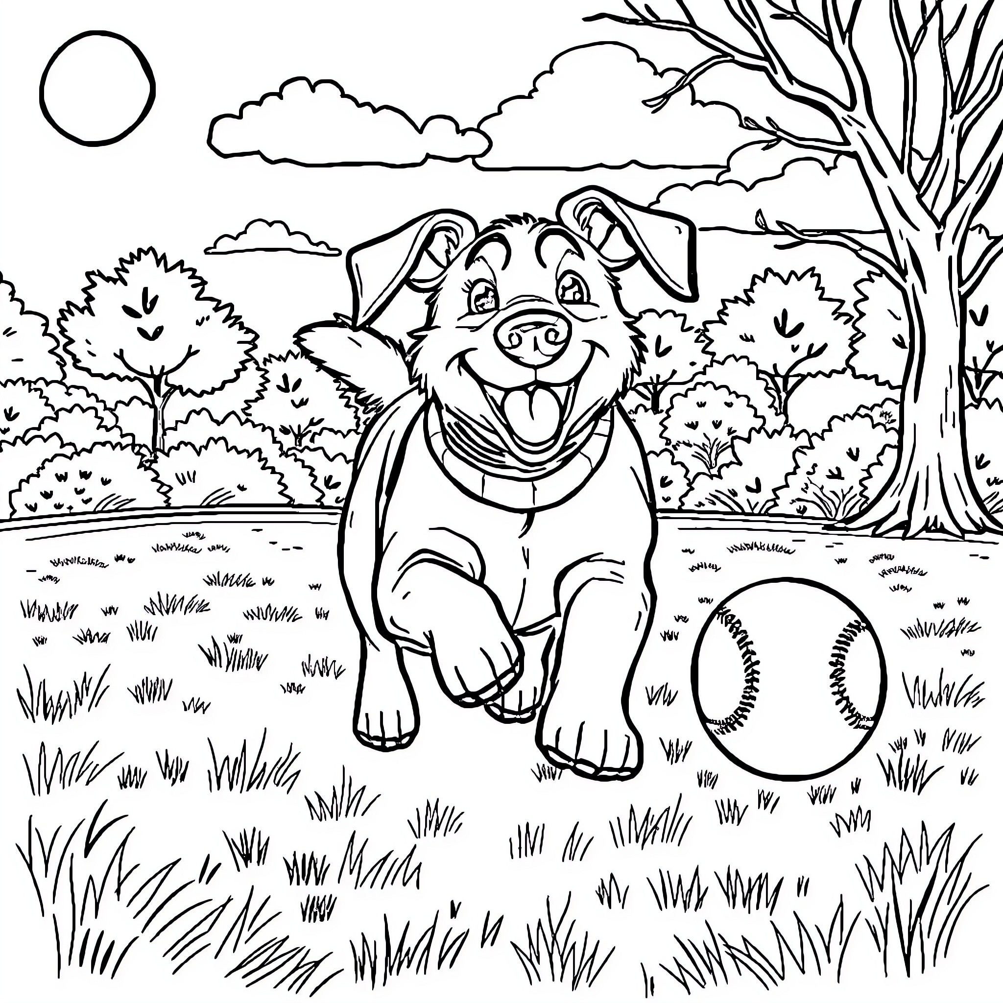 Dog playing with a ball in the park Coloring Page (free black-and-white line drawing printable PDF for all, from beginners to advanced learners, including children, teens, adults, and seniors)