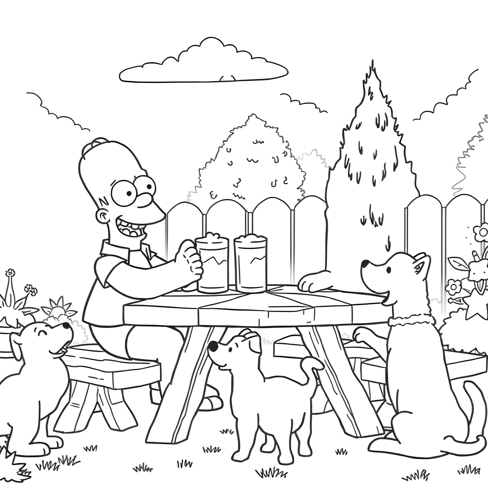 Bluey enjoying a picnic with animal friends Coloring Page (free black-and-white line drawing printable PDF for all, from beginners to advanced learners, including children, teens, adults, and seniors)