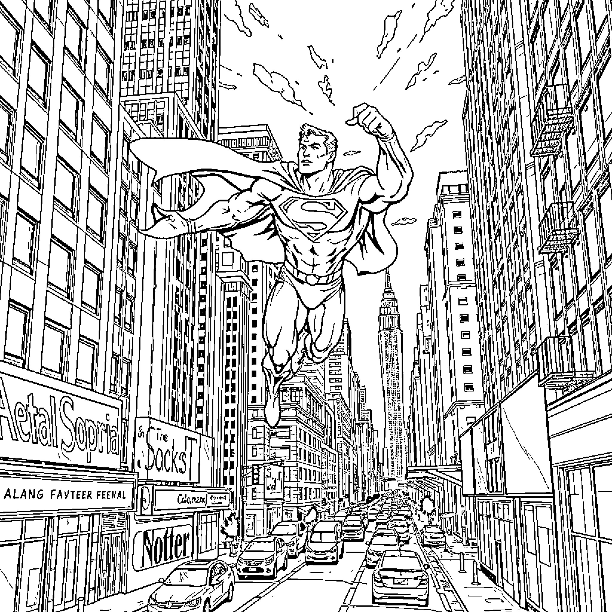 Superman soaring through the city skyline Coloring Page (free black-and-white line drawing printable PDF for all, from beginners to advanced learners, including children, teens, adults, and seniors)