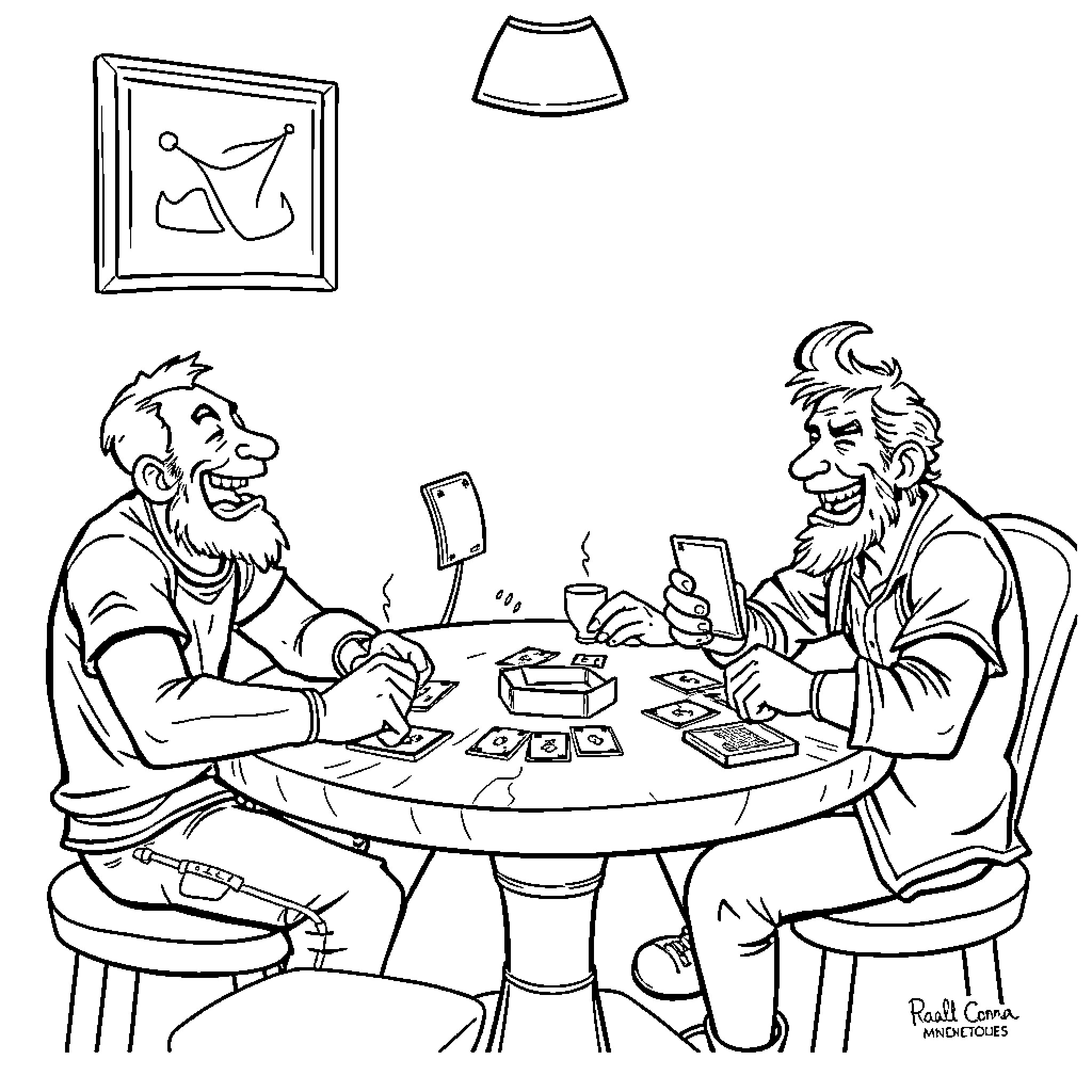 Dudes enjoying a tech-filled card game session Coloring Page (free black-and-white line drawing printable PDF for all, from beginners to advanced learners, including children, teens, adults, and seniors)