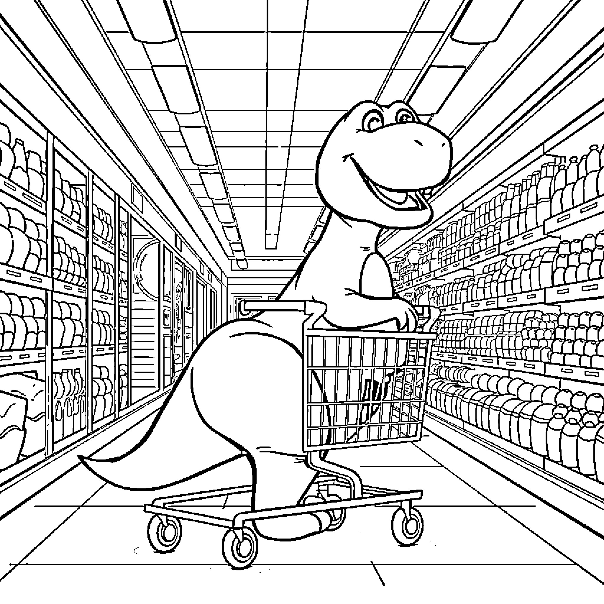 Barney's Joyful Shopping Spree Coloring Page (free black-and-white line drawing printable PDF for all, from beginners to advanced learners, including children, teens, adults, and seniors)