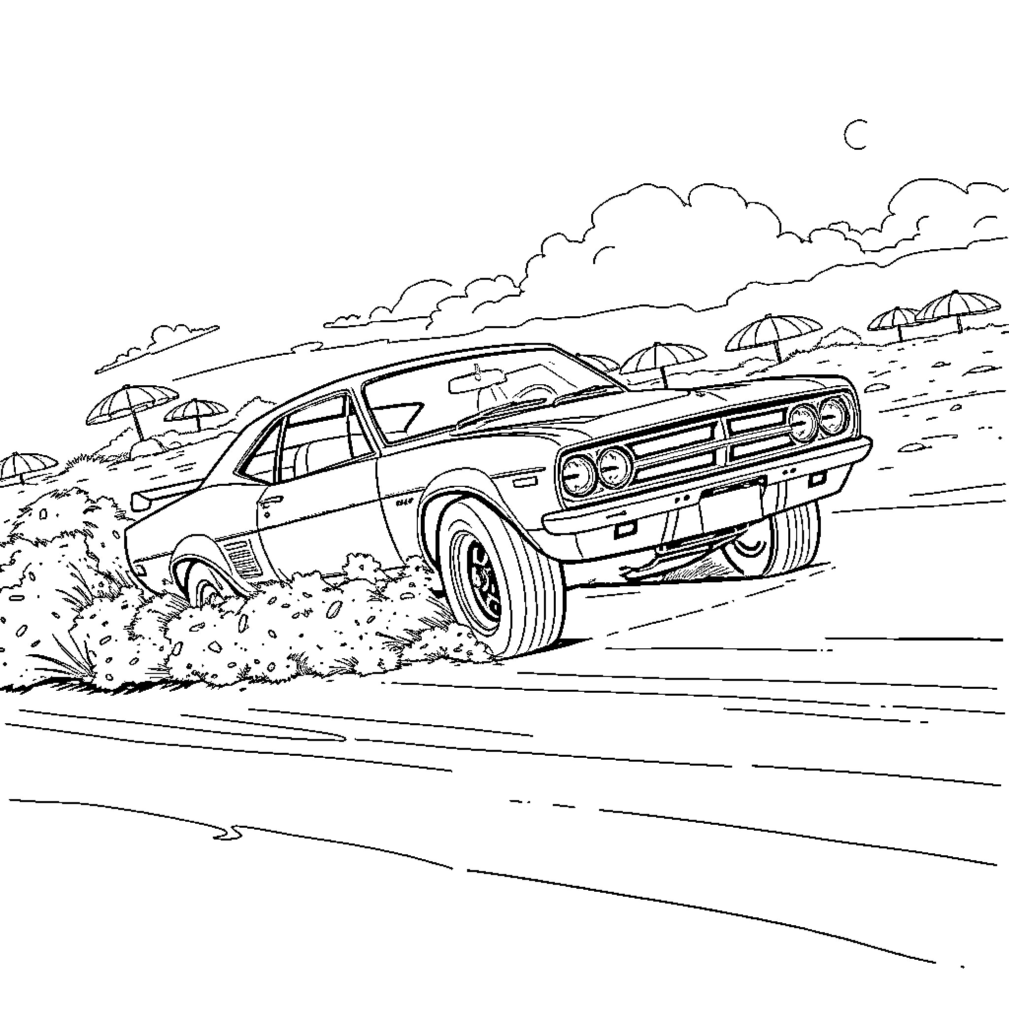 Car racing on a rainy beach with umbrellas Coloring Page (free black-and-white line drawing printable PDF for all, from beginners to advanced learners, including children, teens, adults, and seniors)