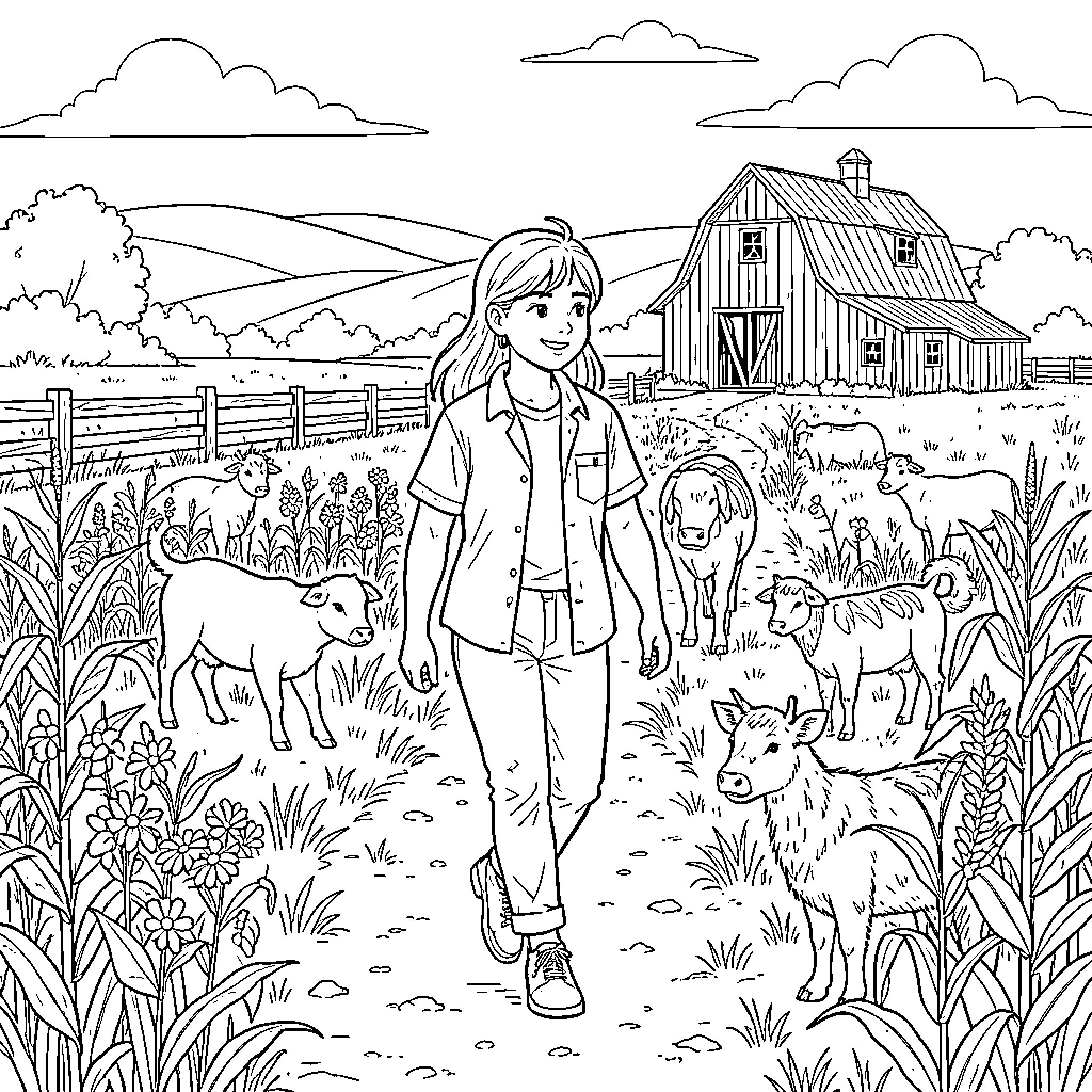 Sheen walking through a farm with cows Coloring Page (free black-and-white line drawing printable PDF for all, from beginners to advanced learners, including children, teens, adults, and seniors)