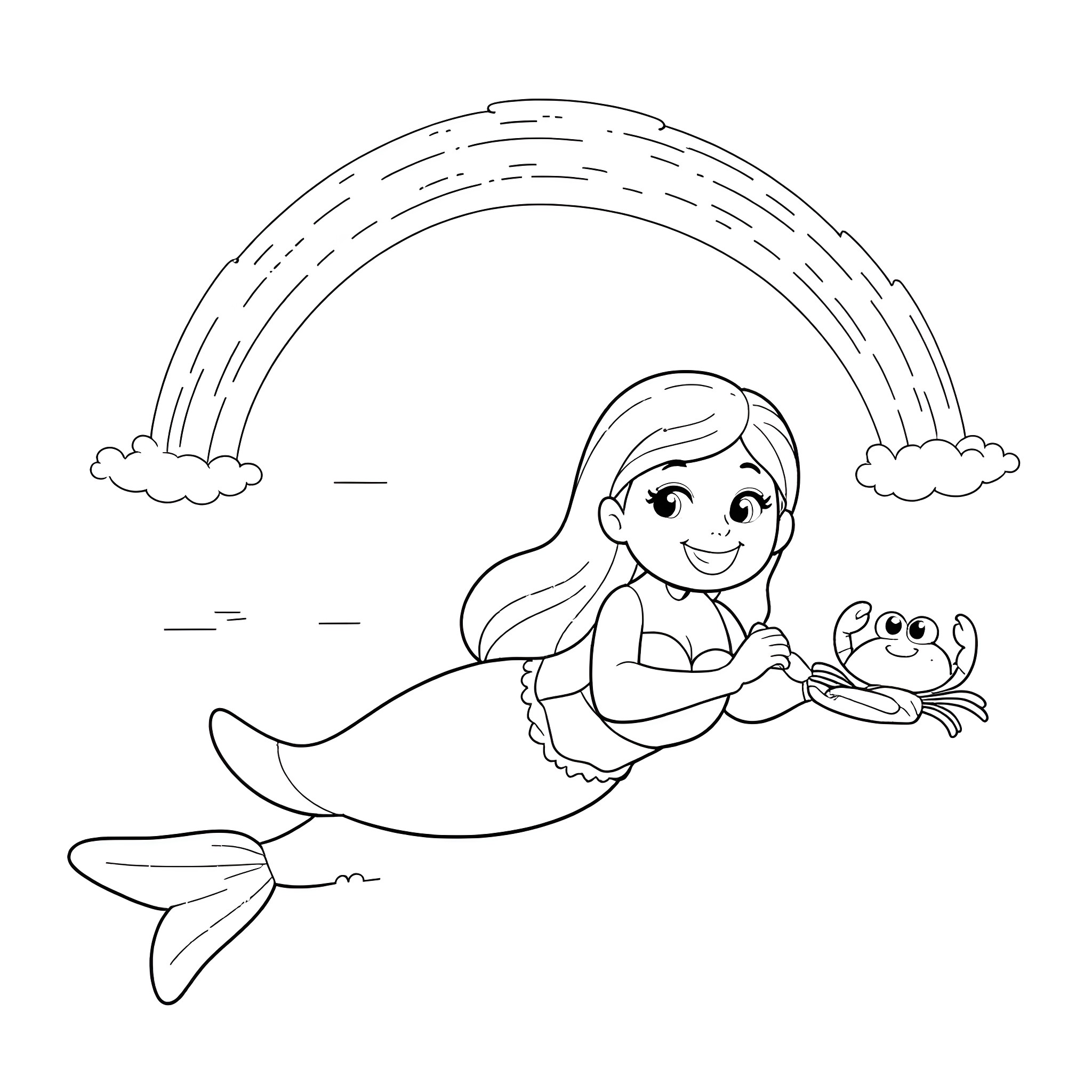 Mermaid swimming with a crab under a rainbow Coloring Page (free black-and-white line drawing printable PDF for all, from beginners to advanced learners, including children, teens, adults, and seniors)