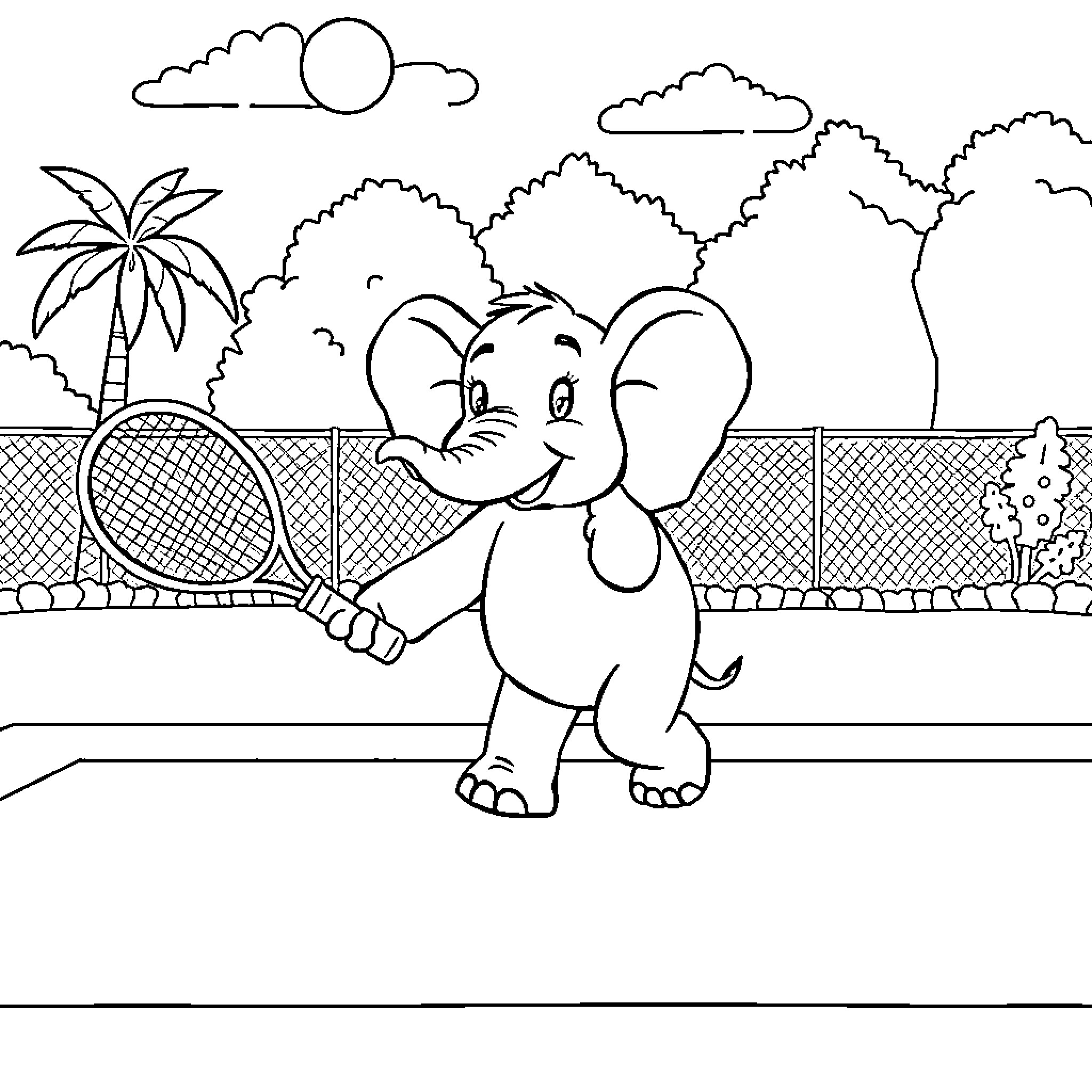Elephant playing tennis on a tropical court Coloring Page (free black-and-white line drawing printable PDF for all, from beginners to advanced learners, including children, teens, adults, and seniors)