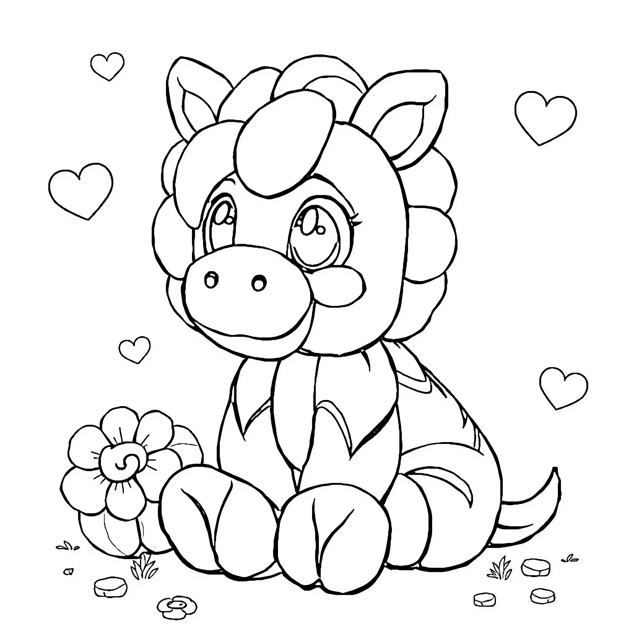 Bear cub sitting with flowers and hearts Coloring Page (free black-and-white line drawing printable PDF for all, from beginners to advanced learners, including children, teens, adults, and seniors)