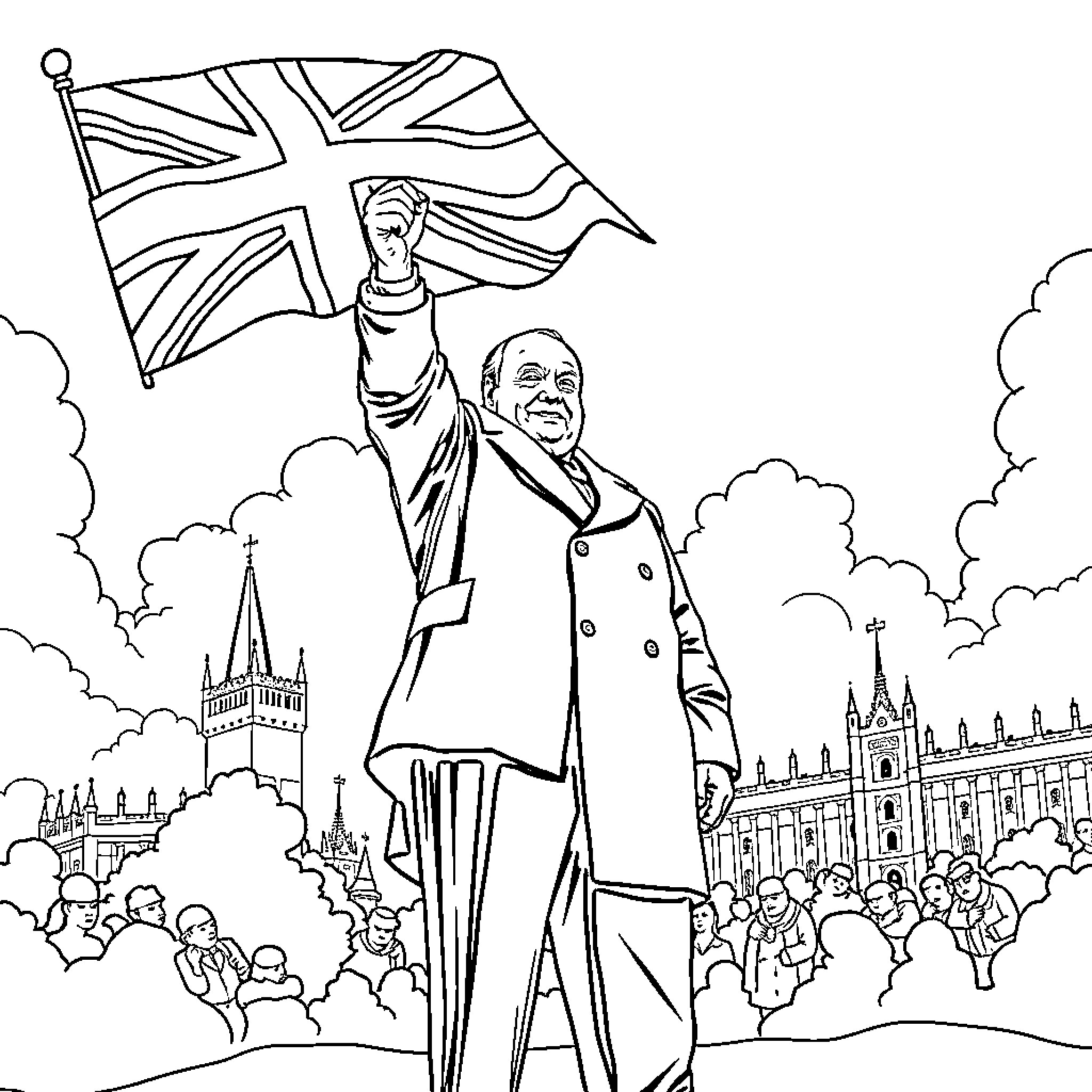Winston Churchill waving British flag in public gathering Coloring Page (free black-and-white line drawing printable PDF for all, from beginners to advanced learners, including children, teens, adults, and seniors)