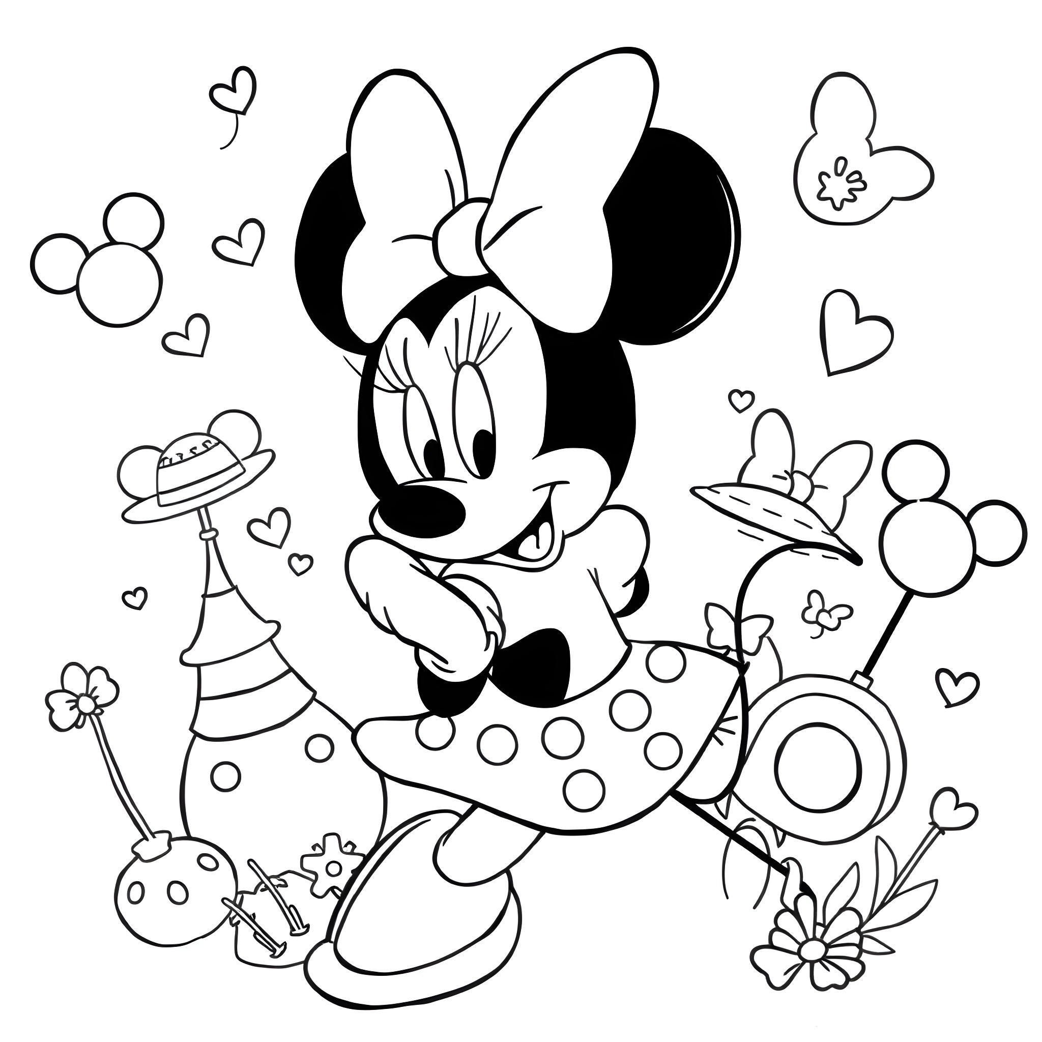 Minnie Mouse in whimsical and playful scene Coloring Page (free black-and-white line drawing printable PDF for all, from beginners to advanced learners, including children, teens, adults, and seniors)