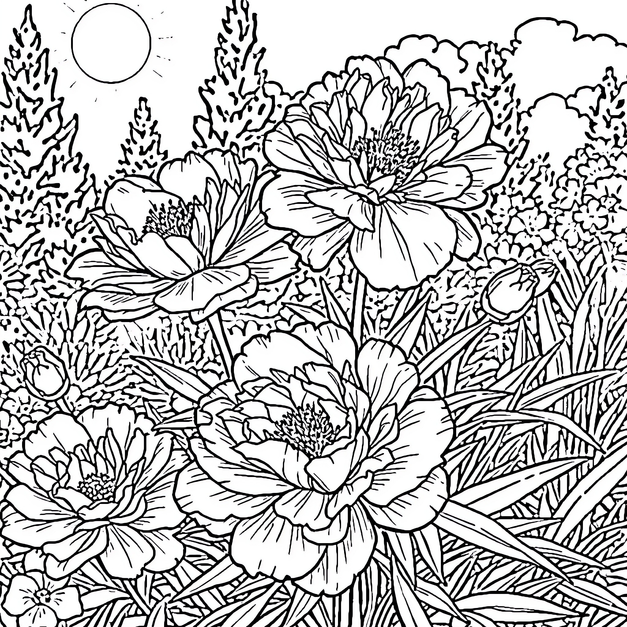 Peony Flowers Blooming in the Meadow Coloring Page (free black-and-white line drawing printable PDF for all, from beginners to advanced learners, including children, teens, adults, and seniors)