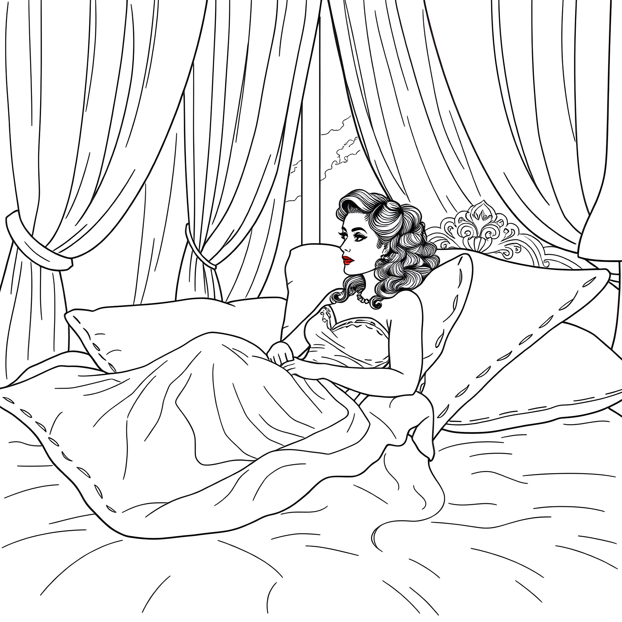Ava Addams lounging elegantly on a bed Coloring Page (free black-and-white line drawing printable PDF for all, from beginners to advanced learners, including children, teens, adults, and seniors)