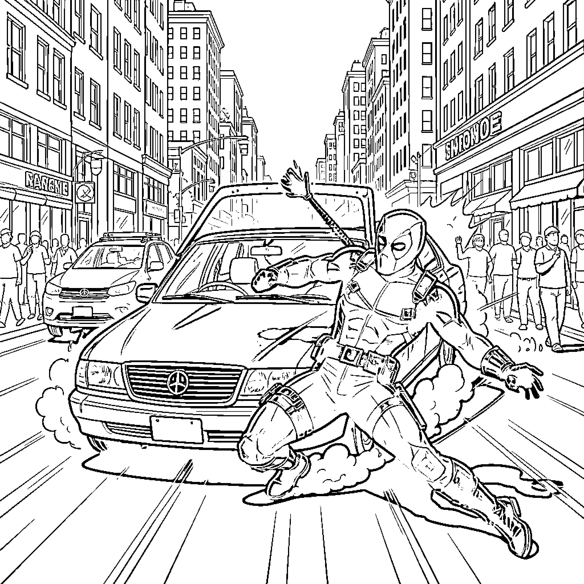 Deadpool in high-speed urban action adventure Coloring Page (free black-and-white line drawing printable PDF for all, from beginners to advanced learners, including children, teens, adults, and seniors)